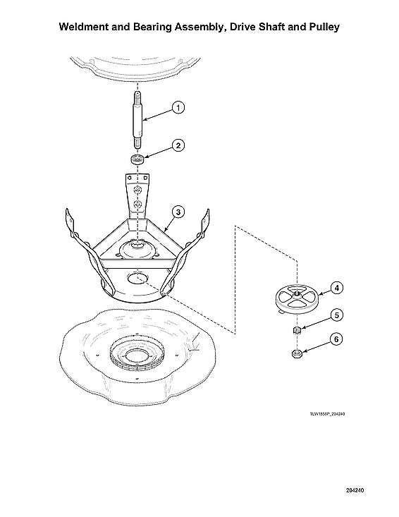 Speed Queen AWN43RSN116TW01 weldment/bearing assy/drive shaft/pulley diagram