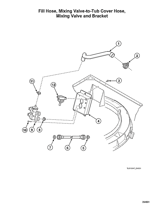 Speed Queen AWN632SP116TW02 fill hose/mixing valve-to-tub cover hose/mixing valve/bracket diagram