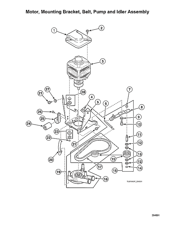 Speed Queen AWN632SP116TW02 motor/mounting bracket/belt/pump/idler assy diagram