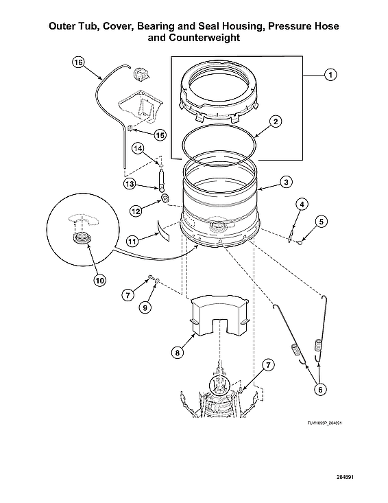 Speed Queen AWN632SP116TW02 outer tub/cover/bearing/seal housing/pressure hose/counterweight diagram
