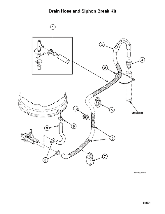 Speed Queen AWN632SP116TW02 drain hose/siphon break kit diagram