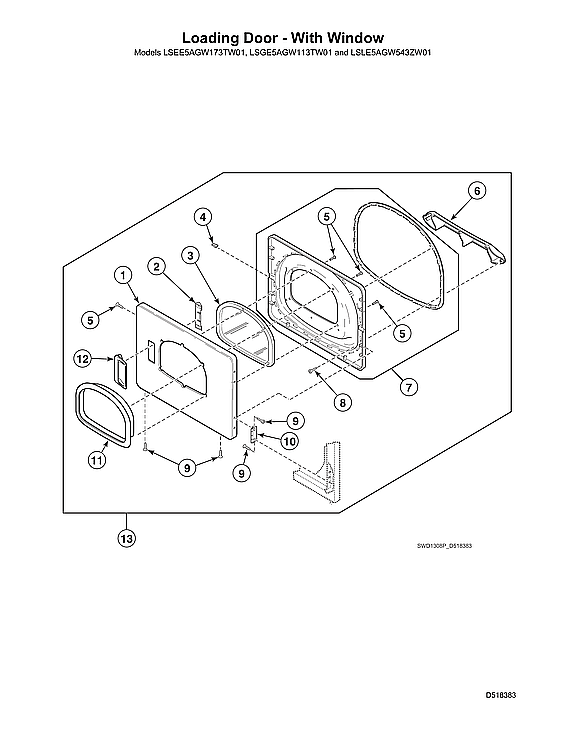 Speed Queen LSGE5AGW113TW01-START-S#2001000001 loading door - with window diagram