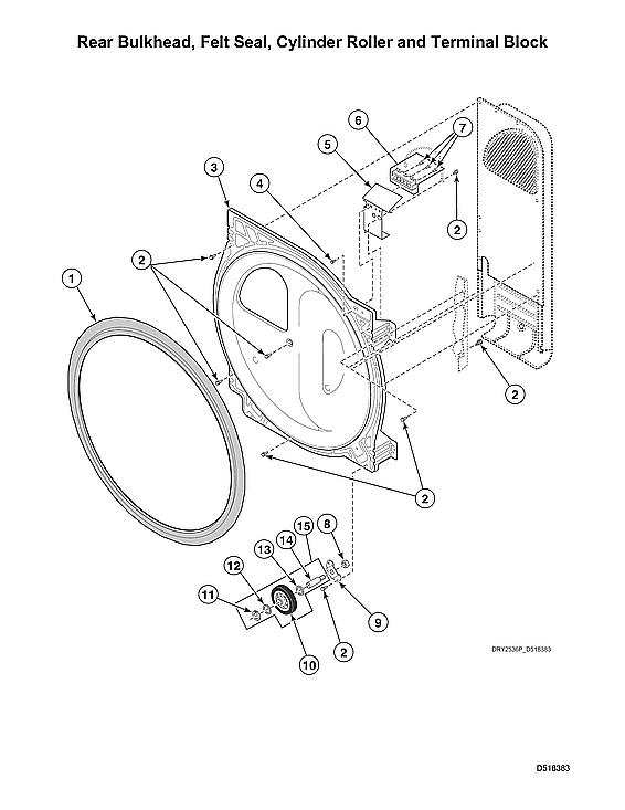 Speed Queen LSGE5AGW113TW01-START-S#2001000001 rear bulkhead/felt seal/cylinder roller/terminal block diagram