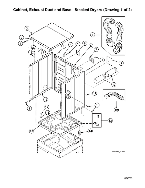 Speed Queen LSGE5AGW113TW01-START-S#2001000001 cabinet/exhaust duct/base-stacked dryers diagram