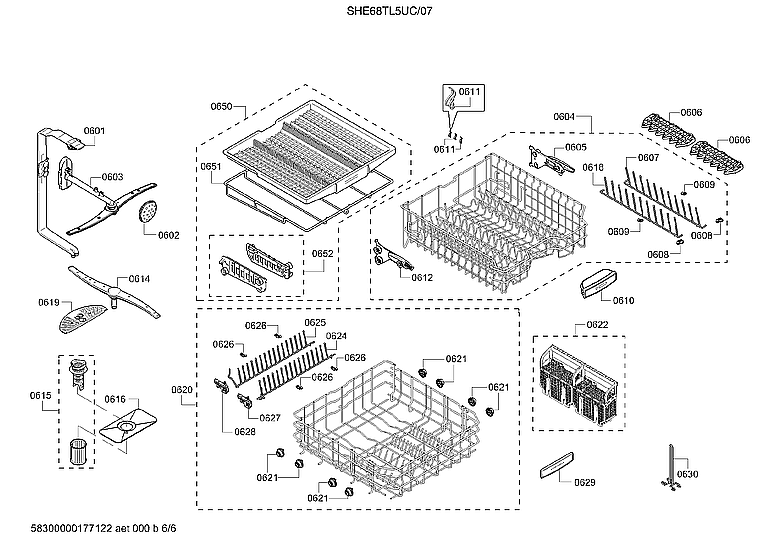 Bosch SHE68TL5UC/07 spray arms/racks diagram