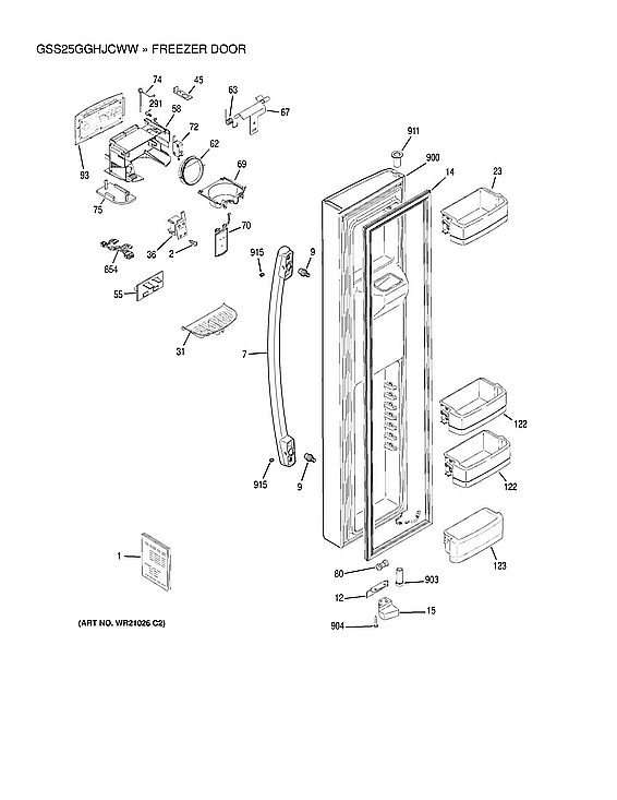 GE GSS25GGHJCWW freezer door parts diagram