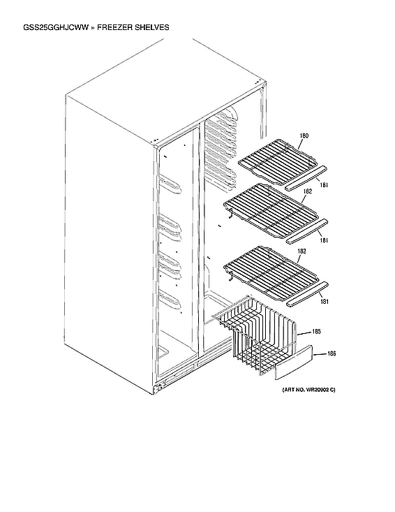 GE GSS25GGHJCWW freezer shelves diagram