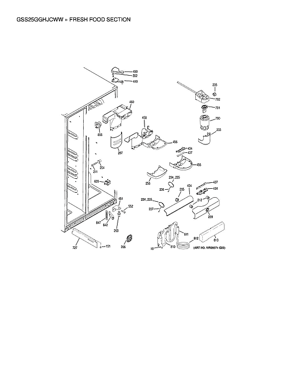GE GSS25GGHJCWW fresh food section diagram