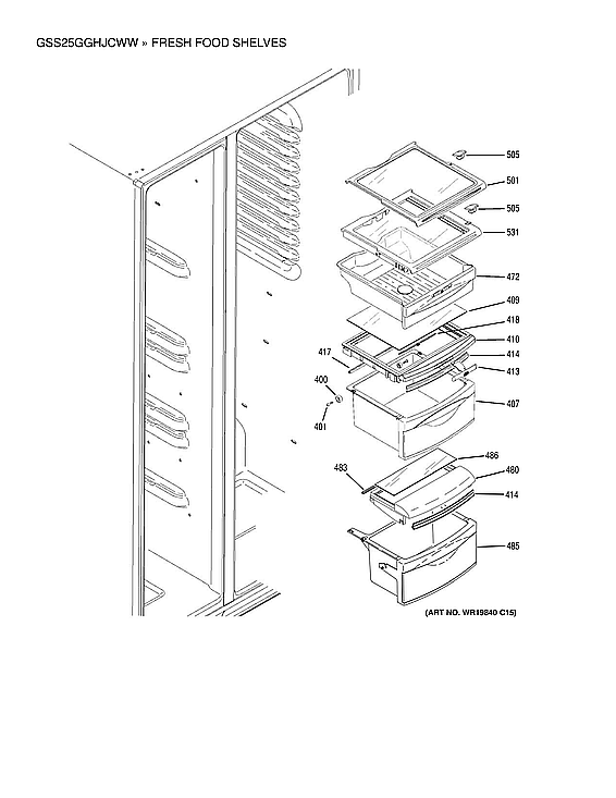 GE GSS25GGHJCWW fresh food shelves diagram