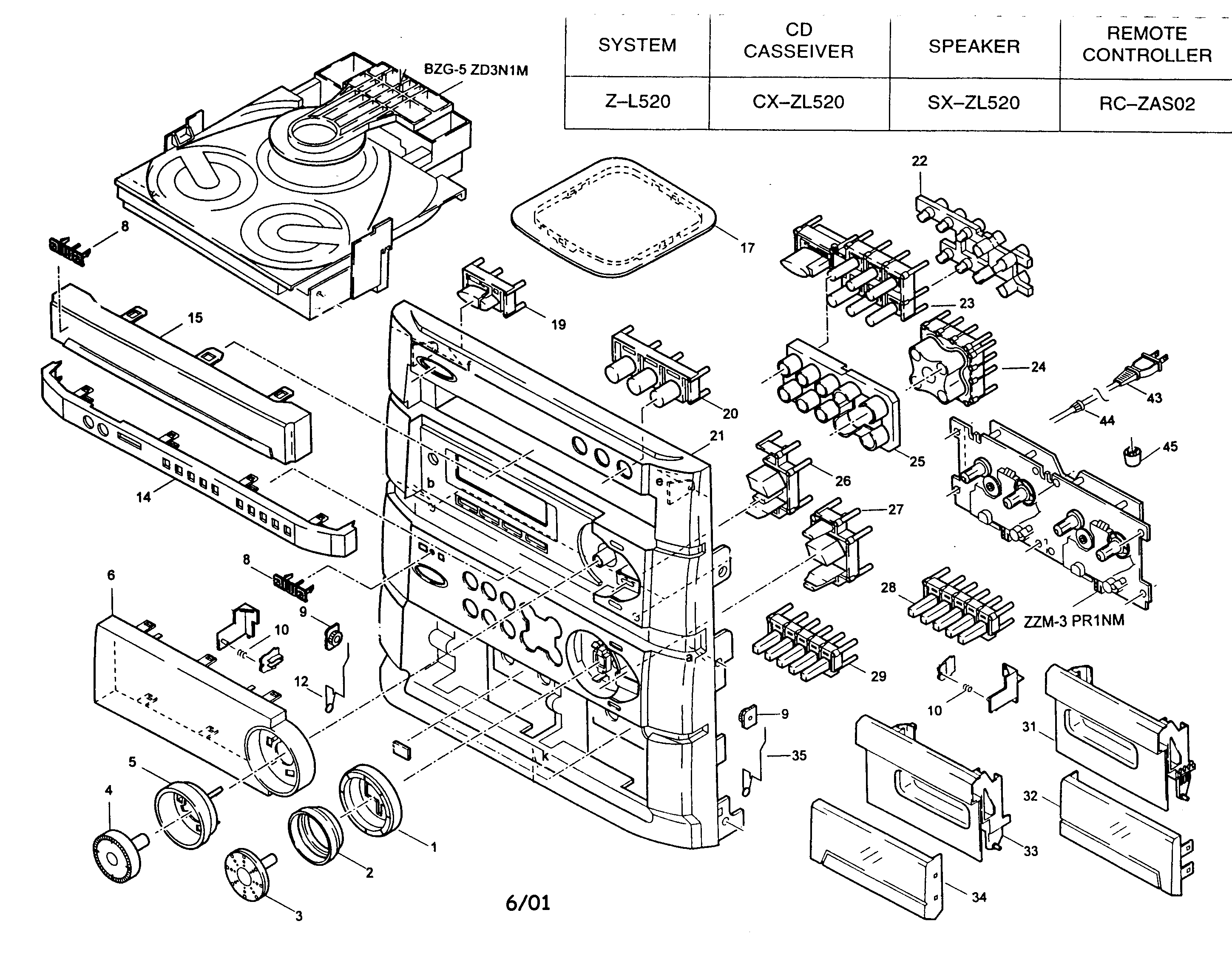 Aiwa Z-L520 cabinet parts diagram