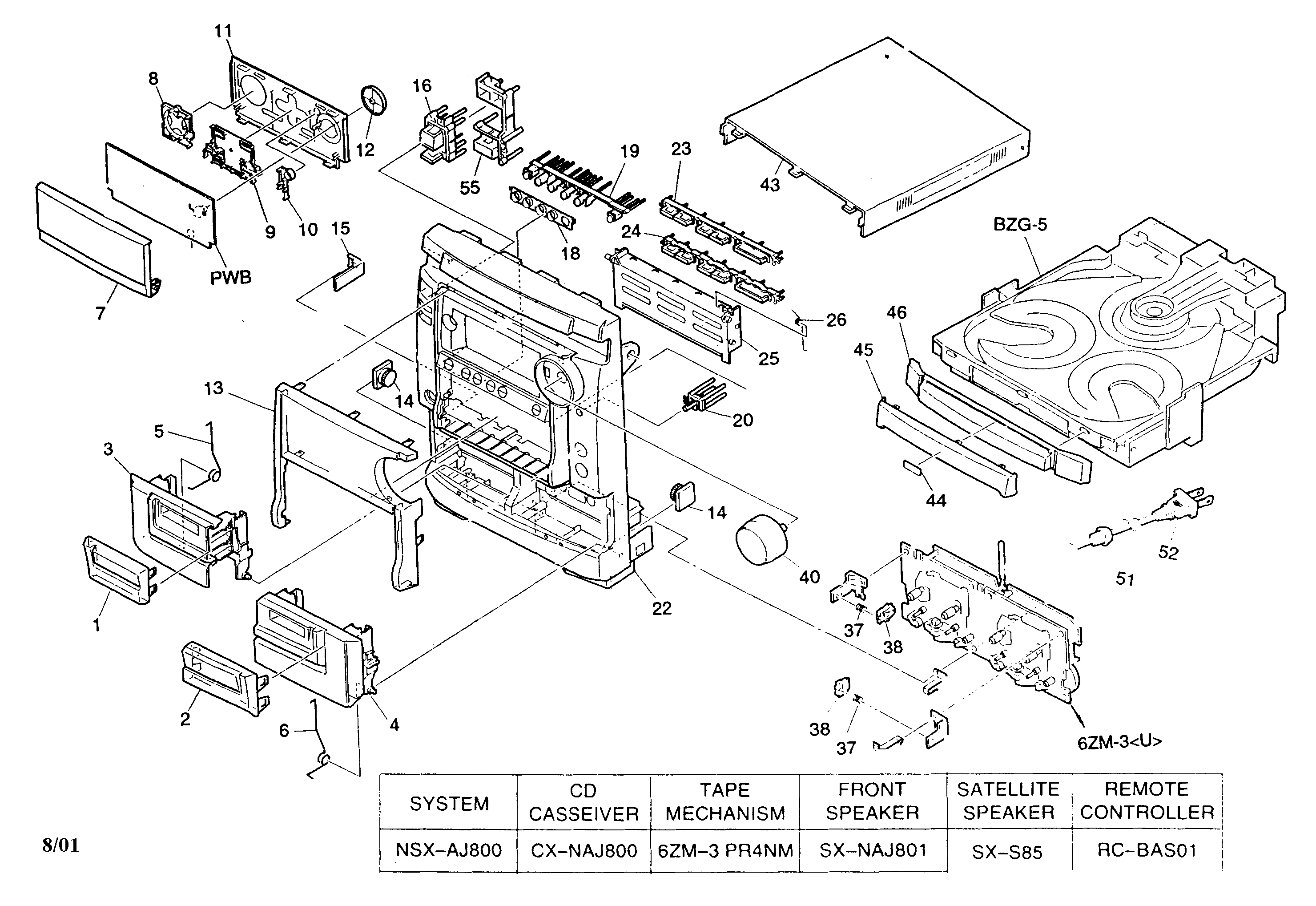 Aiwa NSX-AJ800 cabinet parts diagram