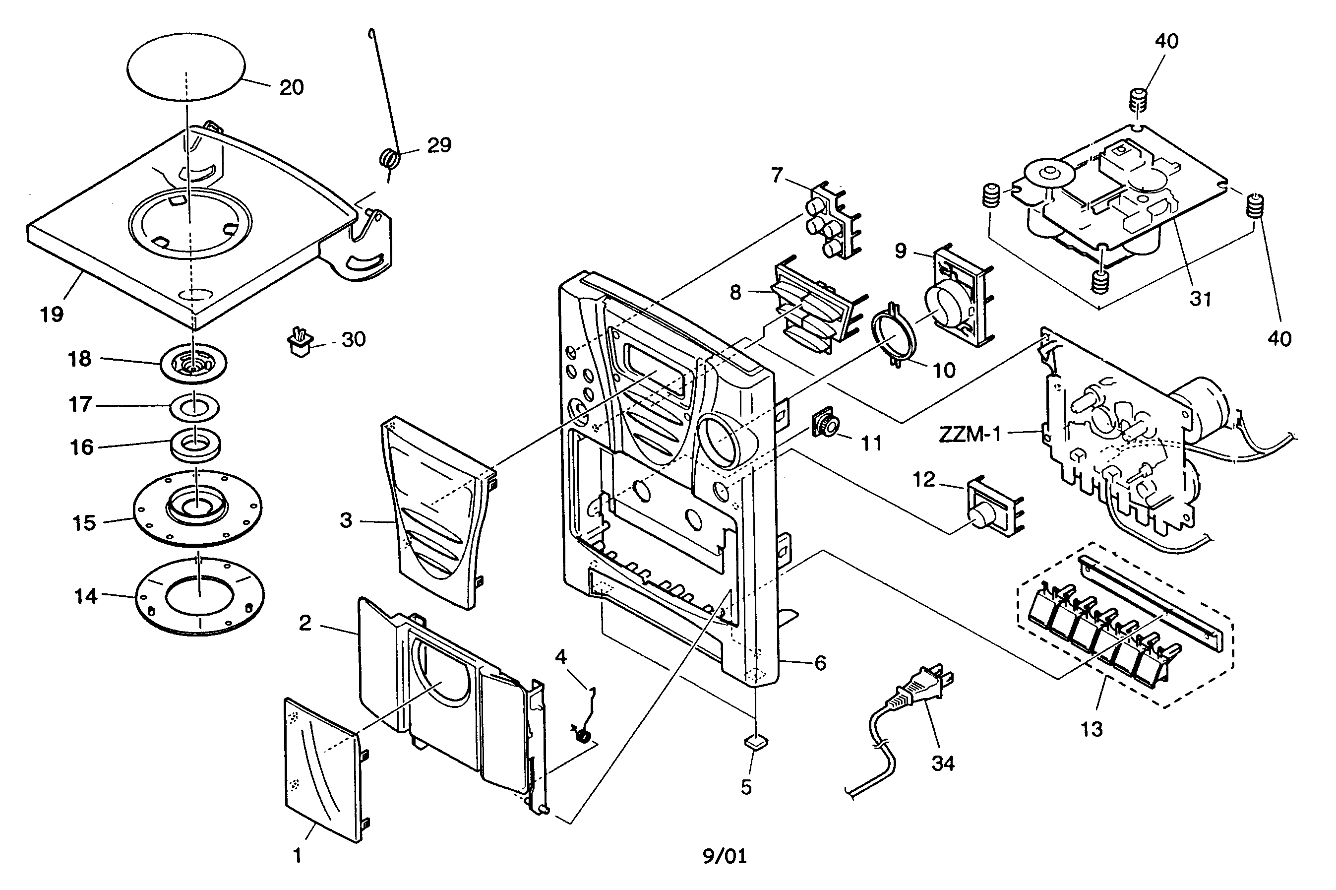 Aiwa LCX-107 cabinet parts diagram