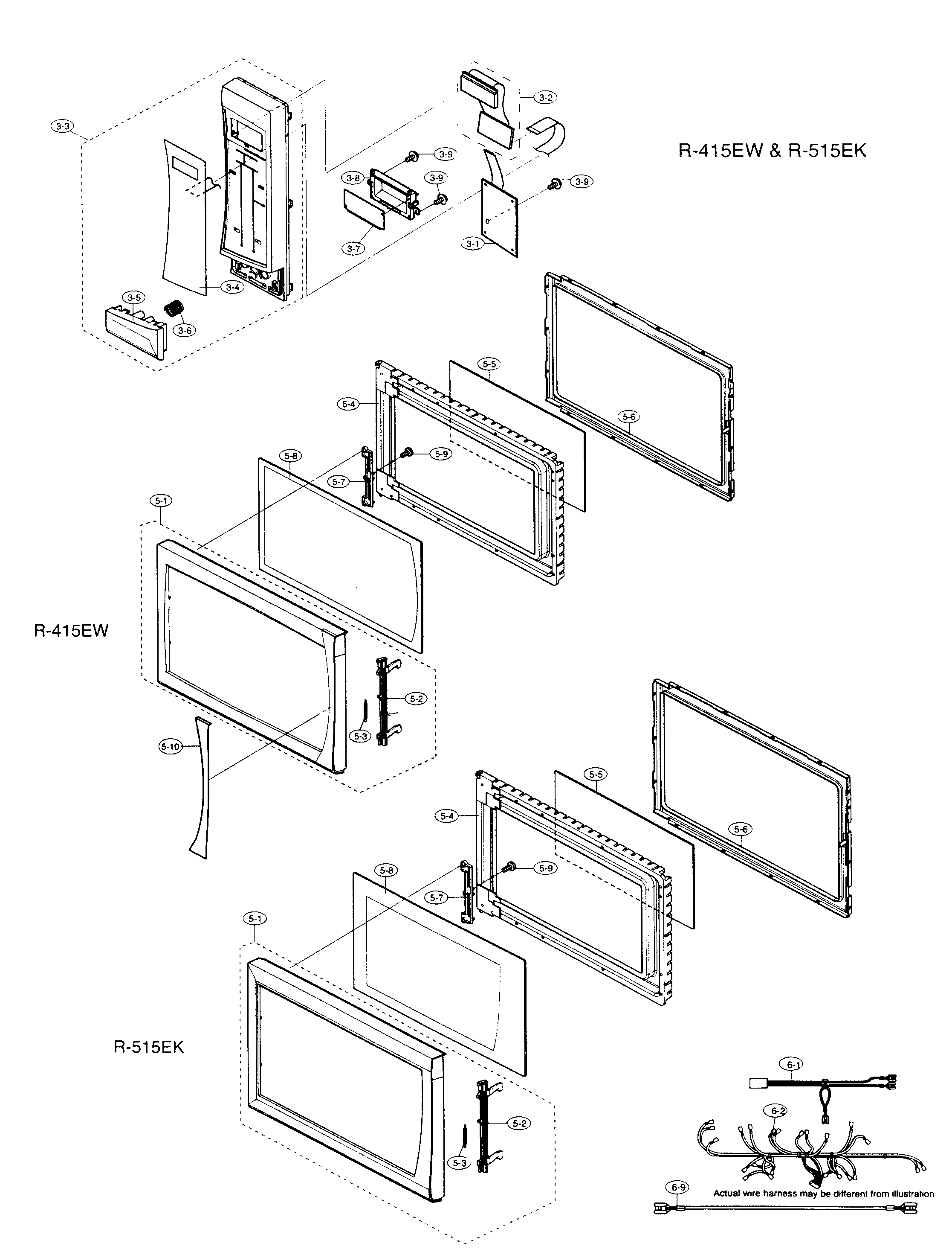 Sharp R-415EW control/door parts diagram