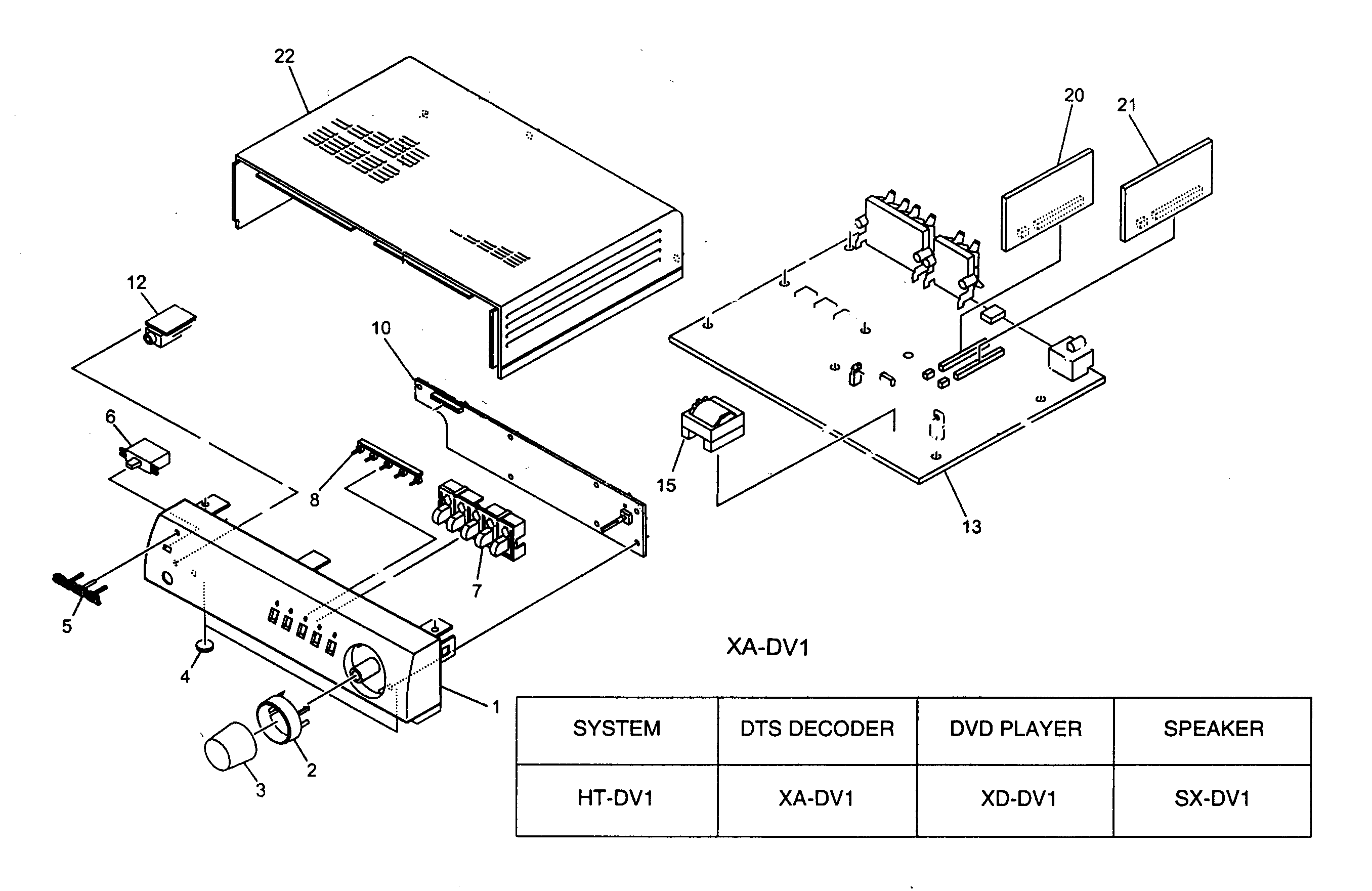 Aiwa HT-DV1 cabinet parts model xadv1 diagram
