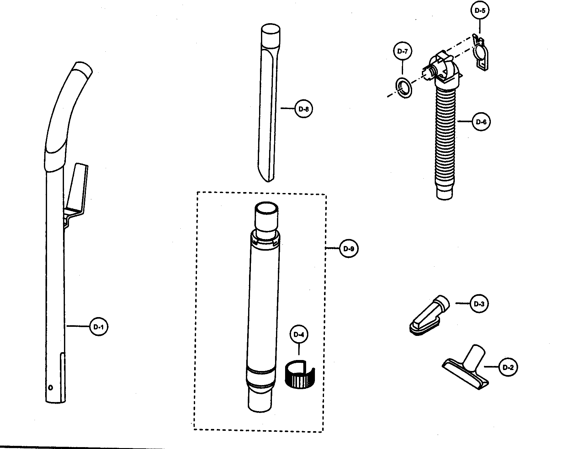 Panasonic MC-V325 handle/hose/attachments diagram