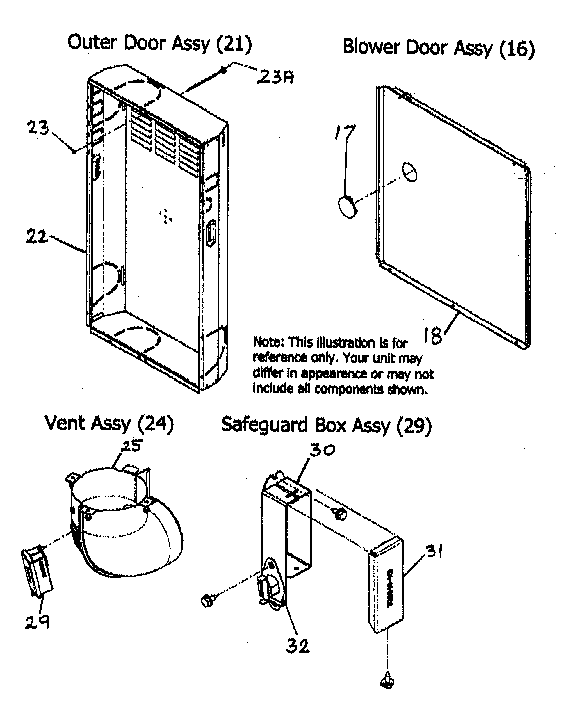 Carrier 58CVX13510022 outer door/blower door/vent/safeguard assys diagram