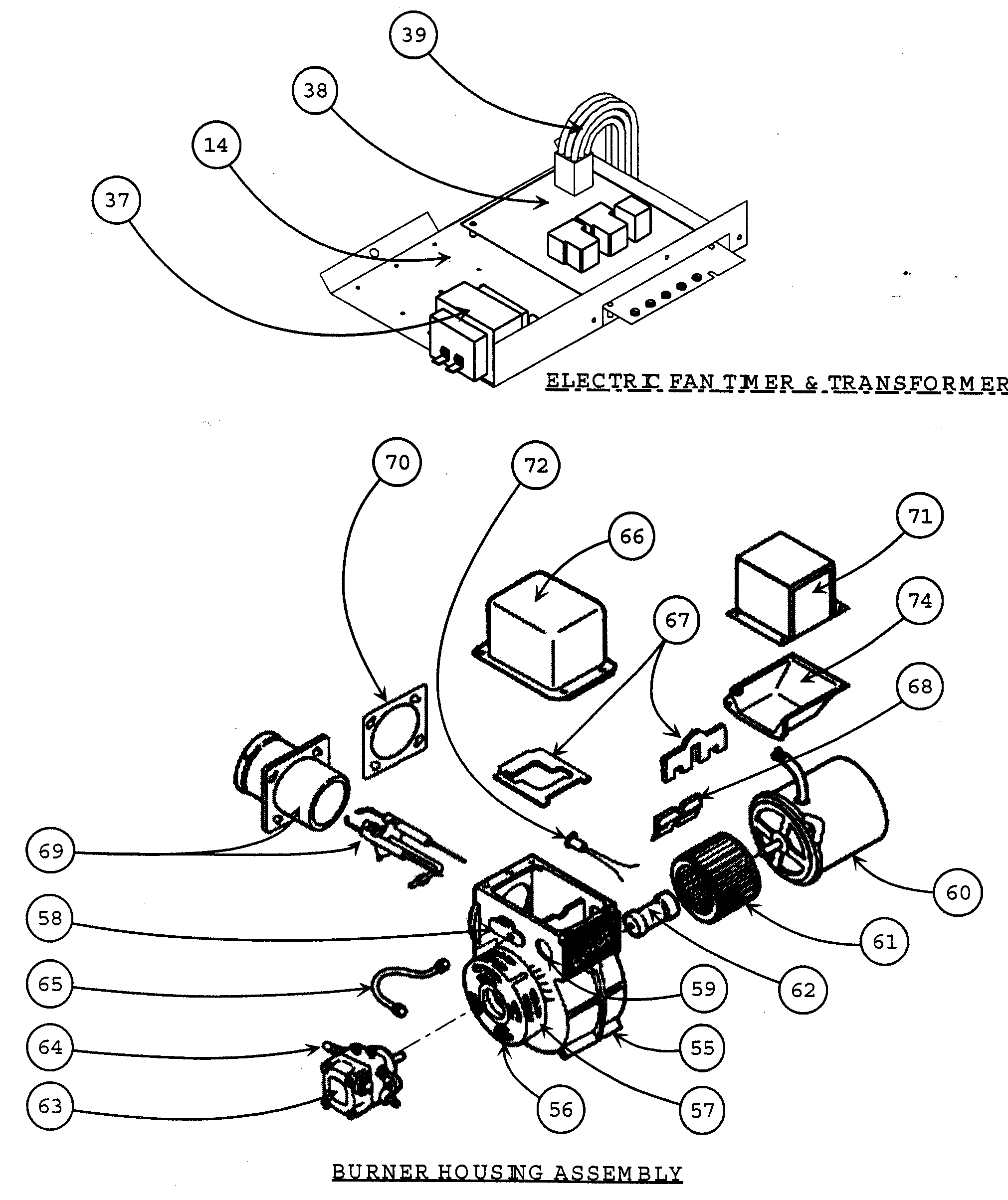 Carrier 58CLA10510112 electric fan timer/transformer/burner housing assy diagram