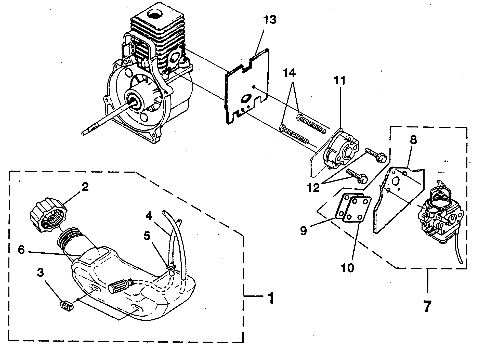 Homelite UT08121 carburetor/fuel tank diagram