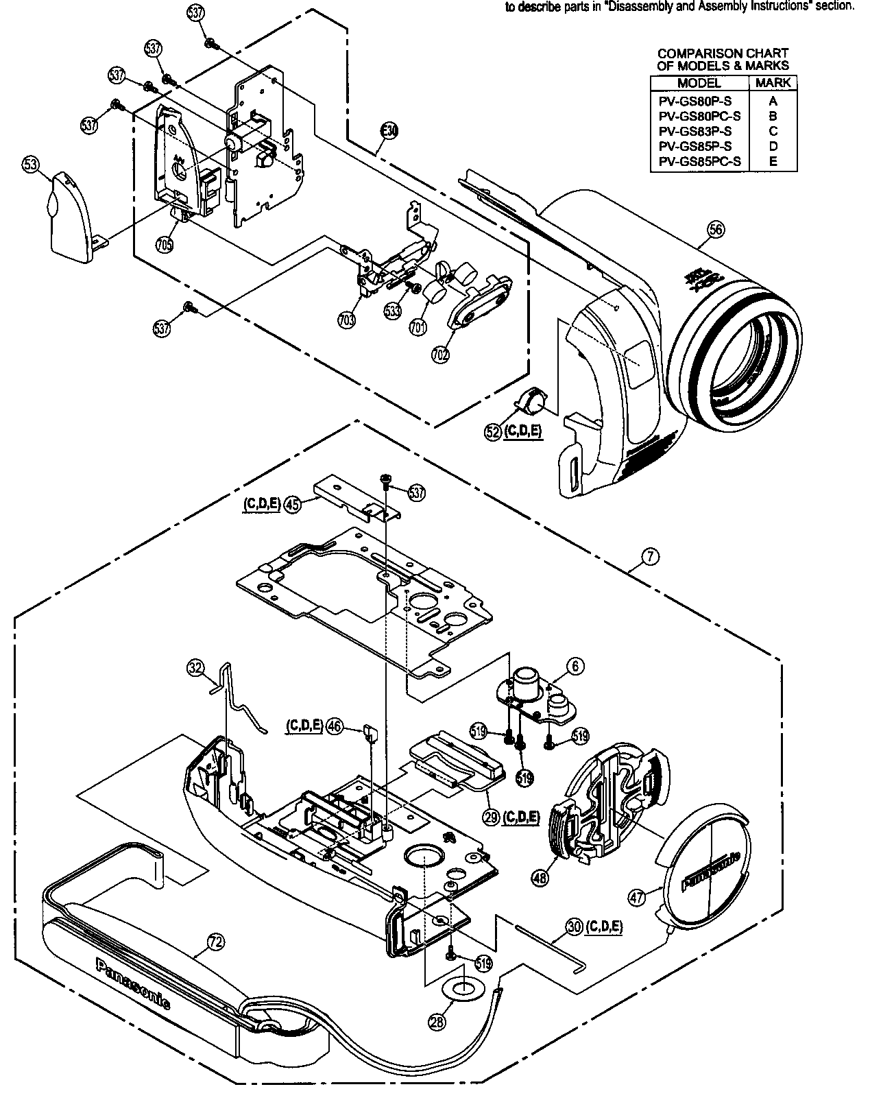 Panasonic PV-GS83P front/bottom case diagram