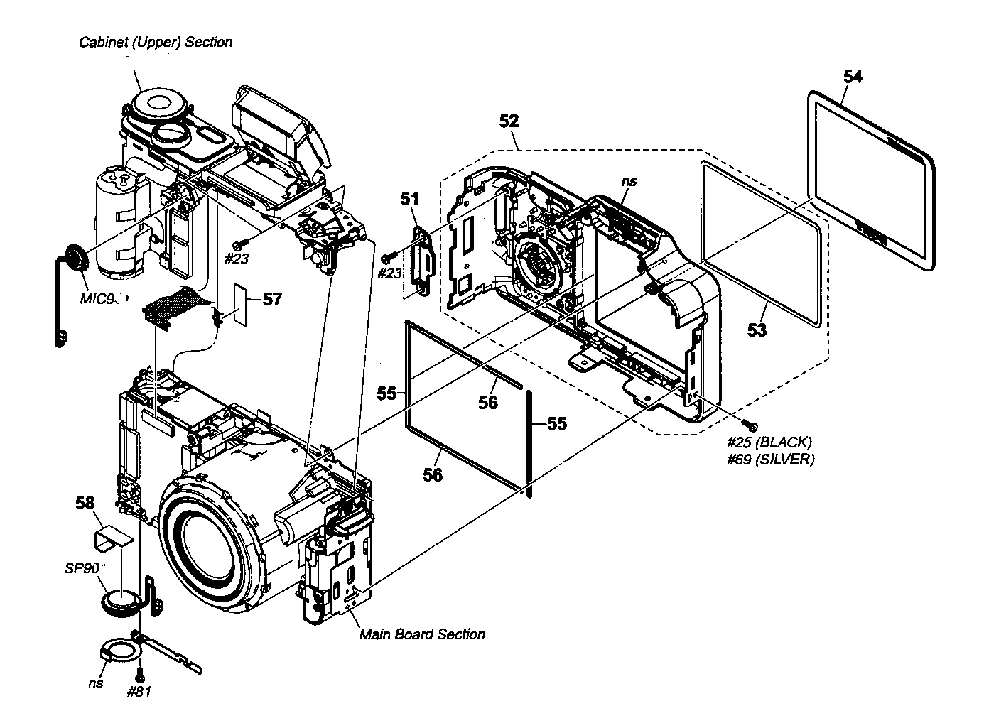 Sony DSC-H3 rear cabinet parts diagram