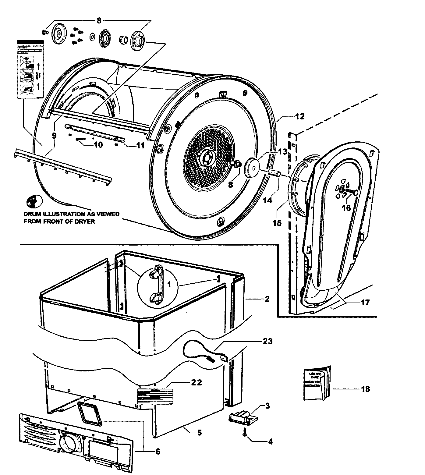 Fisher & Paykel DG62T27DW1-96127A cabinet/drum/inlet duct diagram