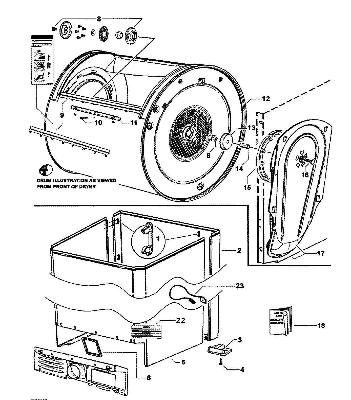 Fisher & Paykel DG27CW1-96116A cabinet/drum/inlet duct diagram