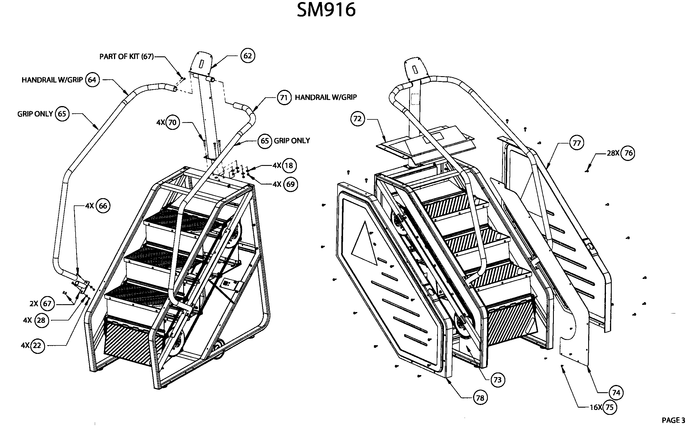 StairMaster SM916 handrail assy diagram