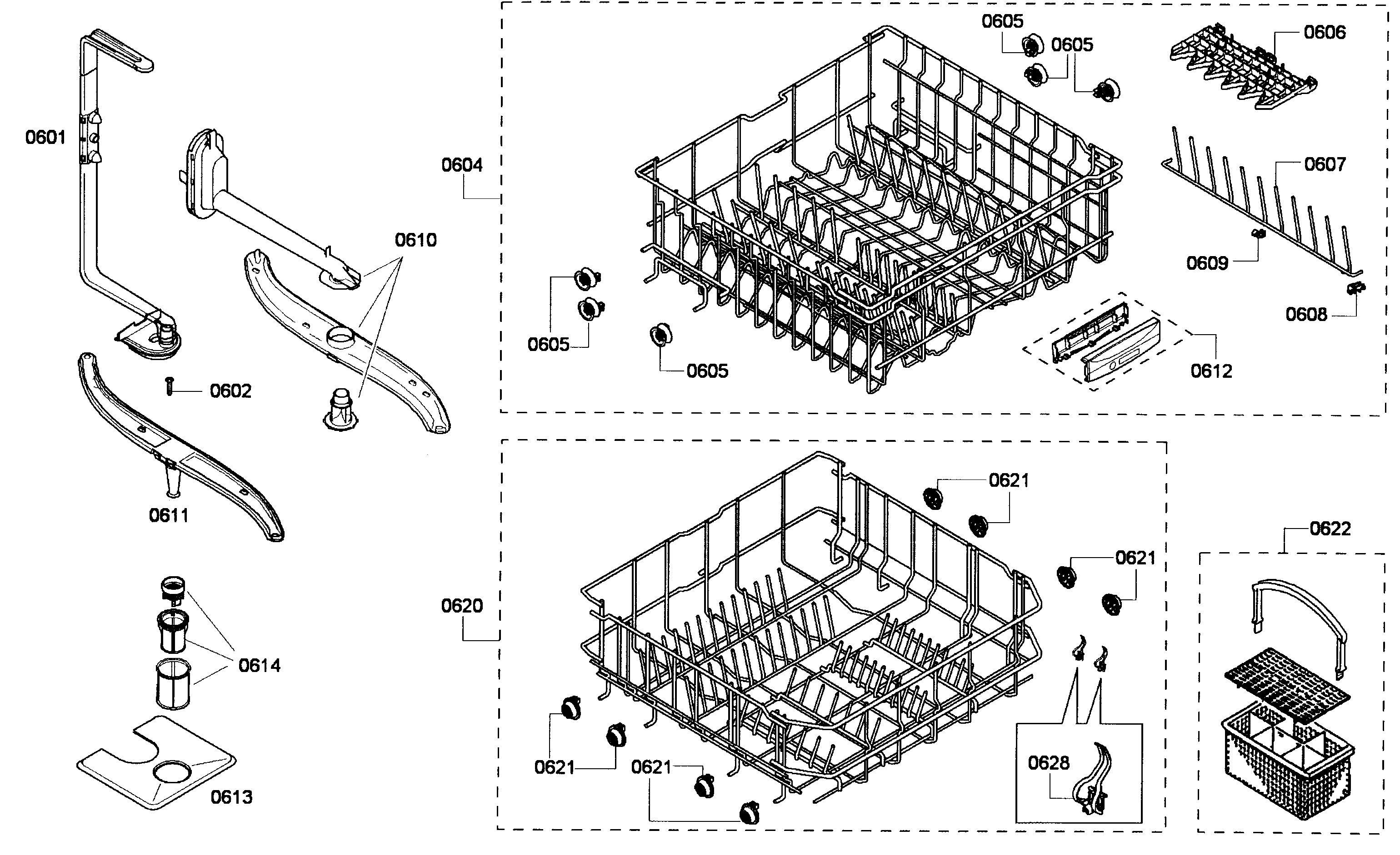 Bosch SHE43P06UC/56 baskets assy diagram