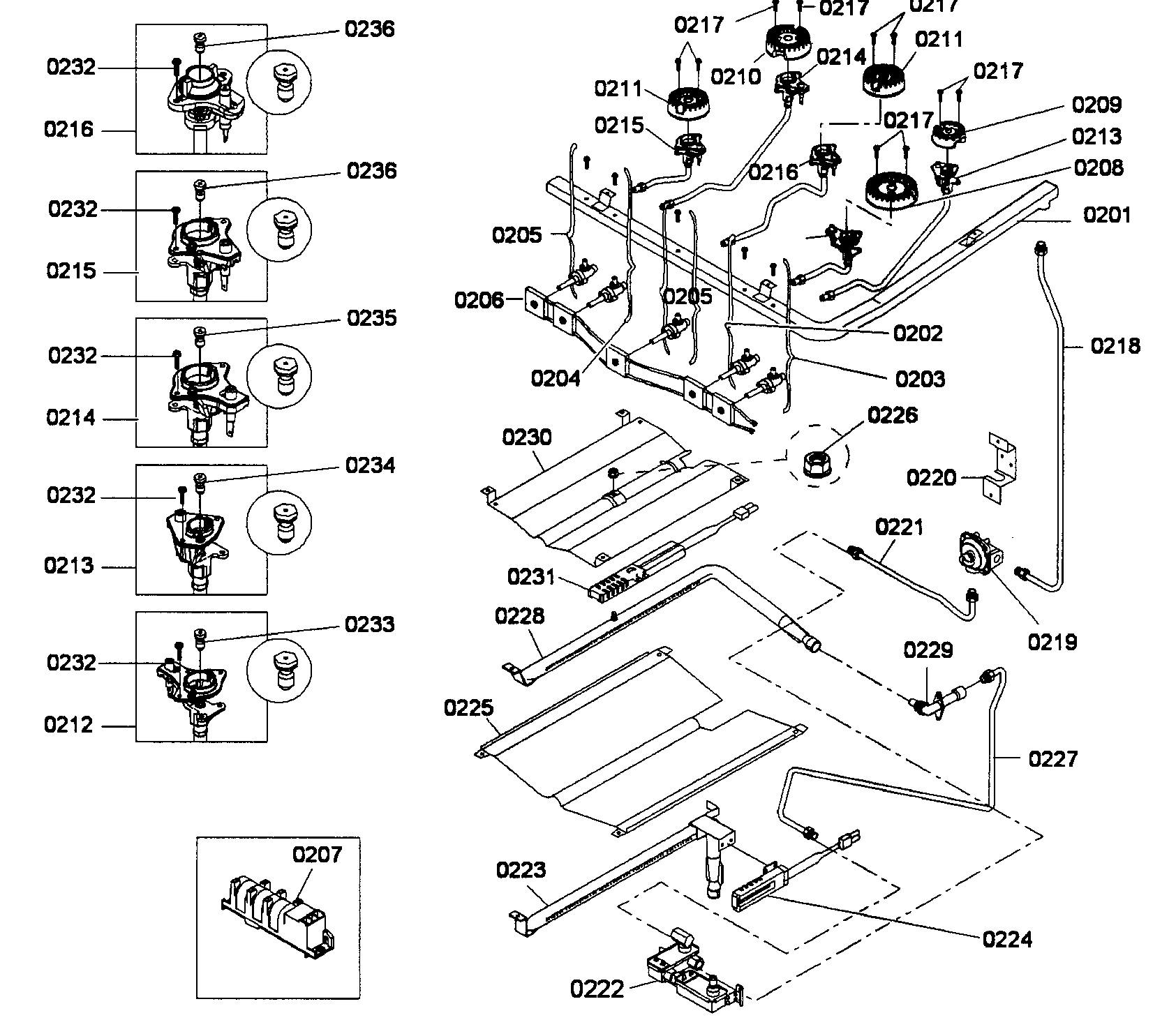Bosch HGS3023UC/01 burners assy diagram