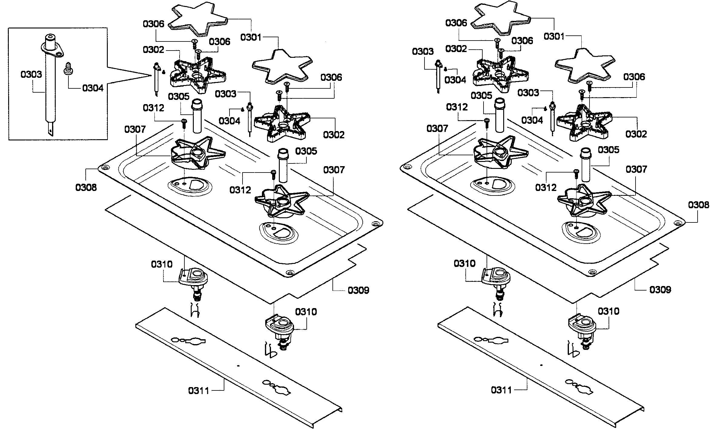Thermador PRL364GDH-01 burners assy diagram