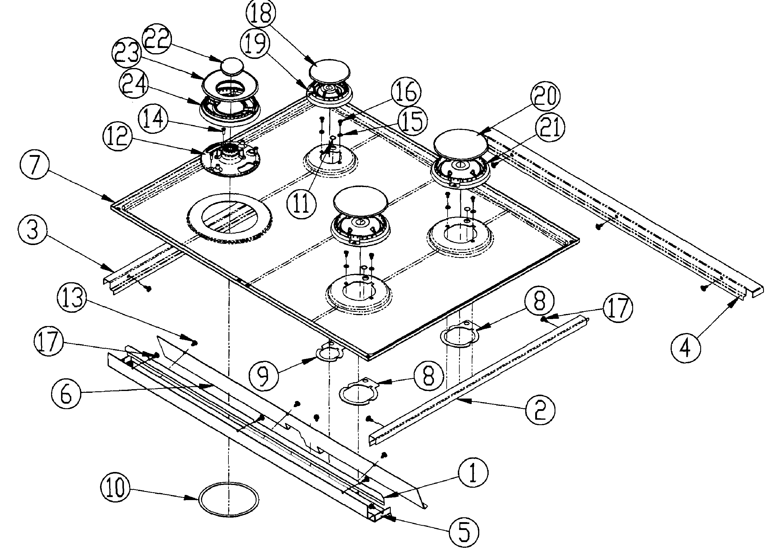 Dacor DRT304SNG upper cooktop diagram