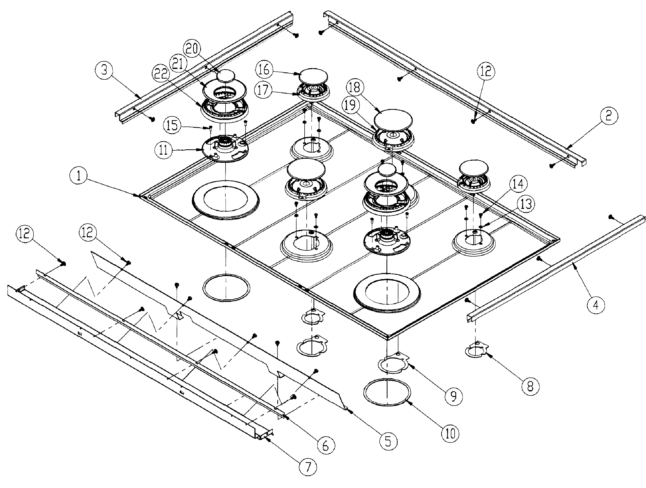 Dacor DRT366SNG upper cooktop diagram