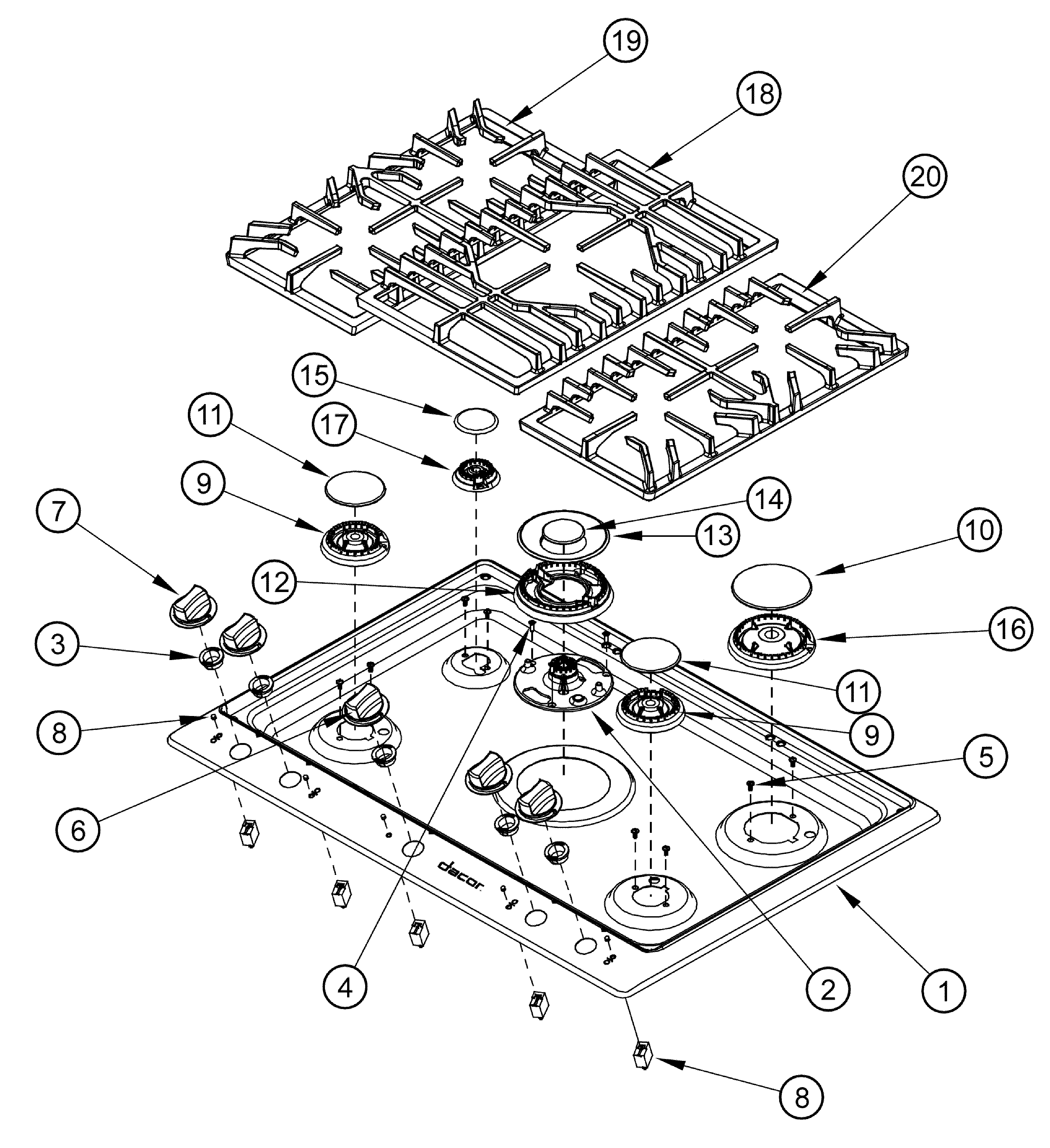Dacor DCT305SLPH top frame diagram