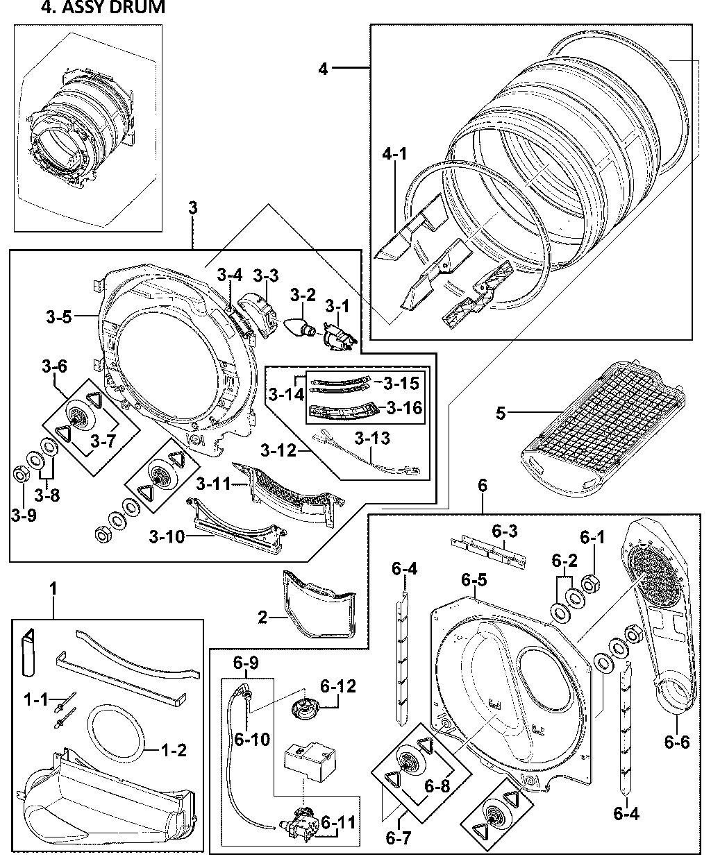 Samsung DV419AEW/XAA-00 drum assy diagram