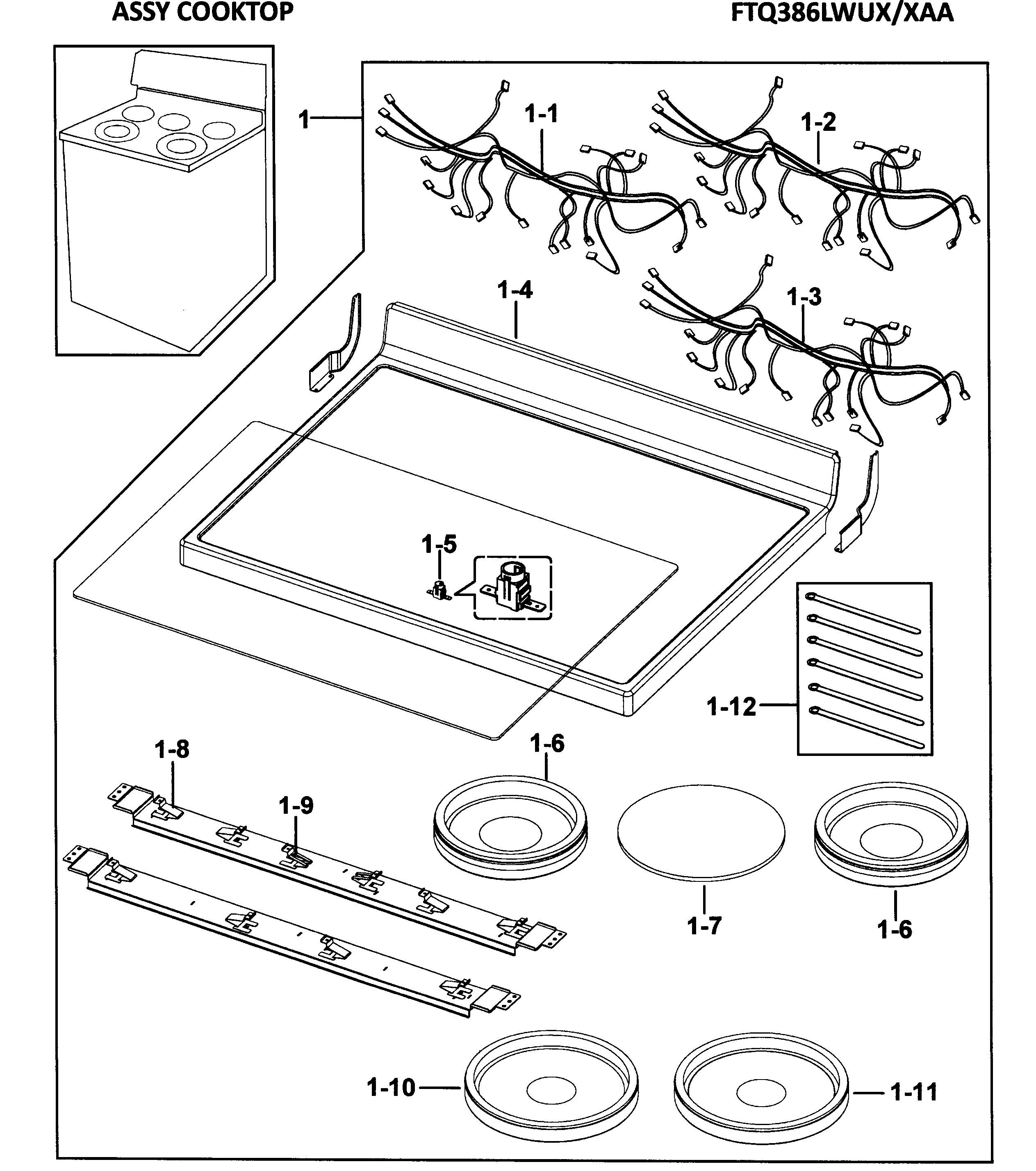 Samsung FTQ386LWUX/XAA cooktop assy diagram