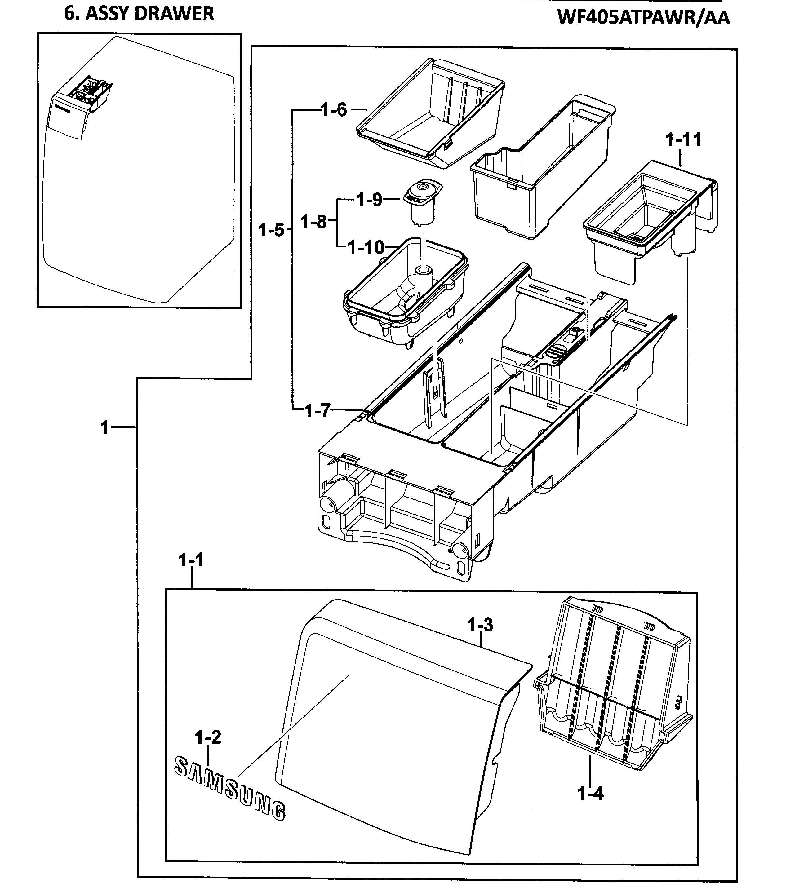 Samsung WF405ATPAWR/AA-00 drawer assy diagram