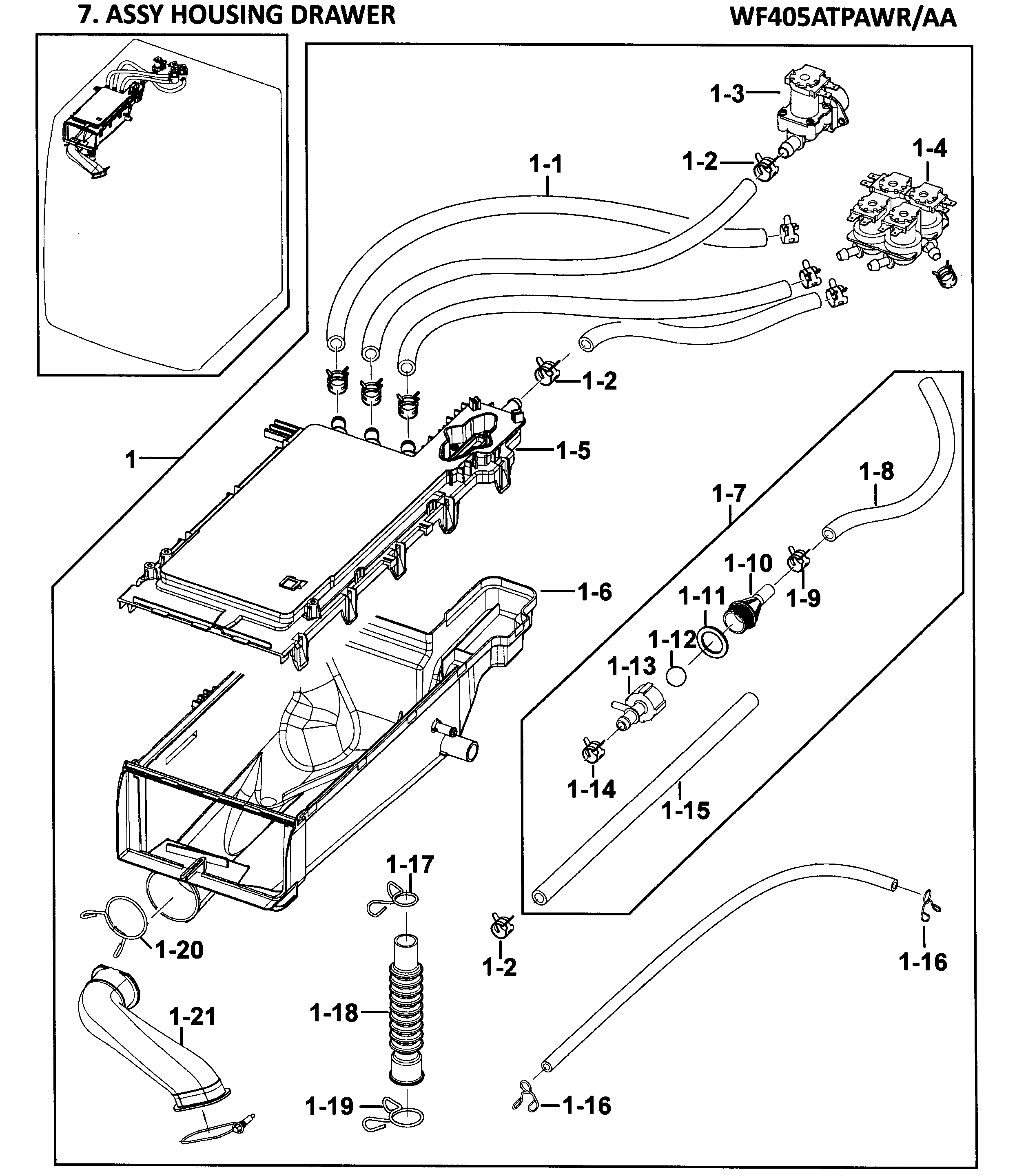 Samsung WF405ATPAWR/AA-00 drawer housing diagram