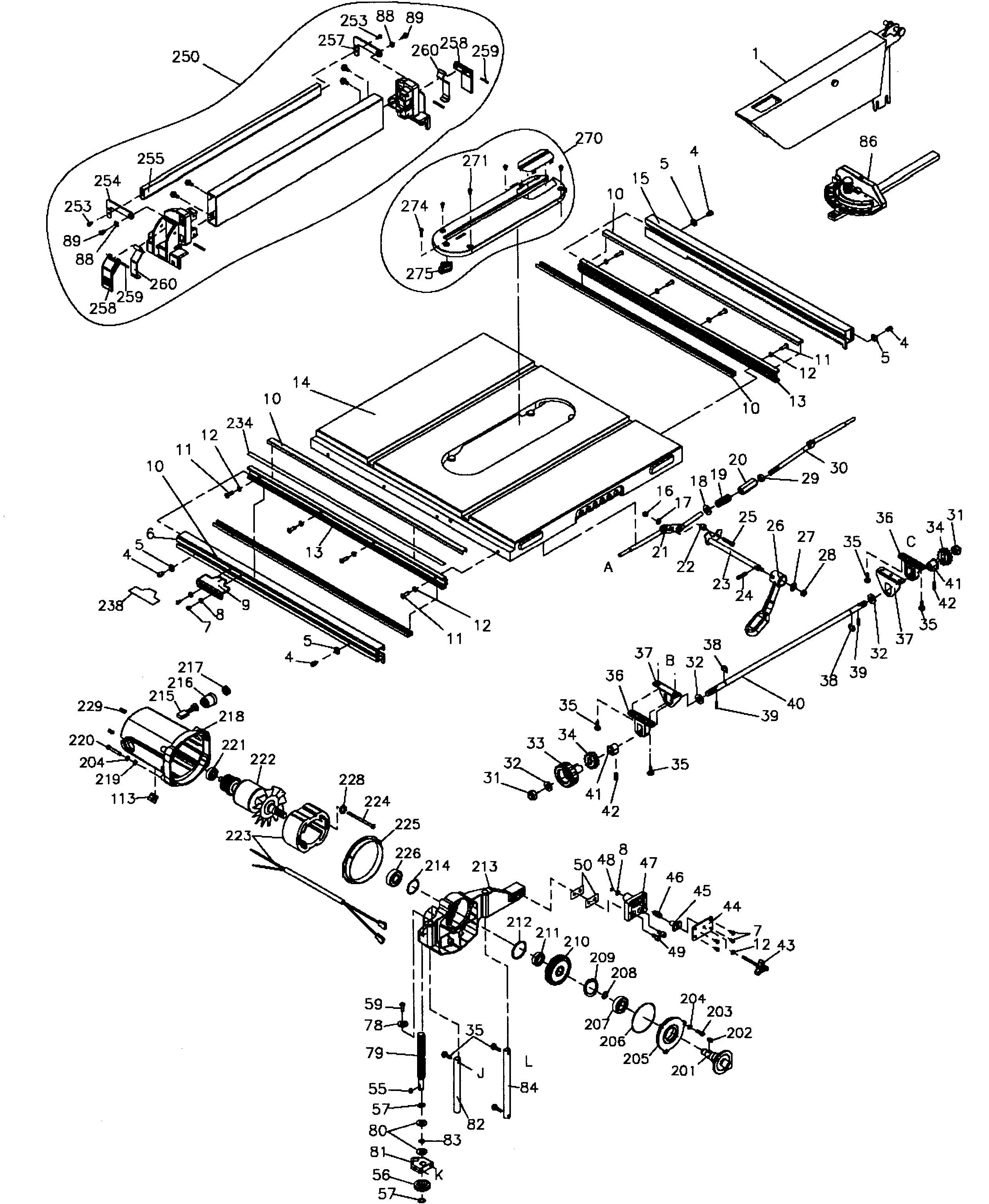 DeWalt DW745 TYPE 1 table assy diagram