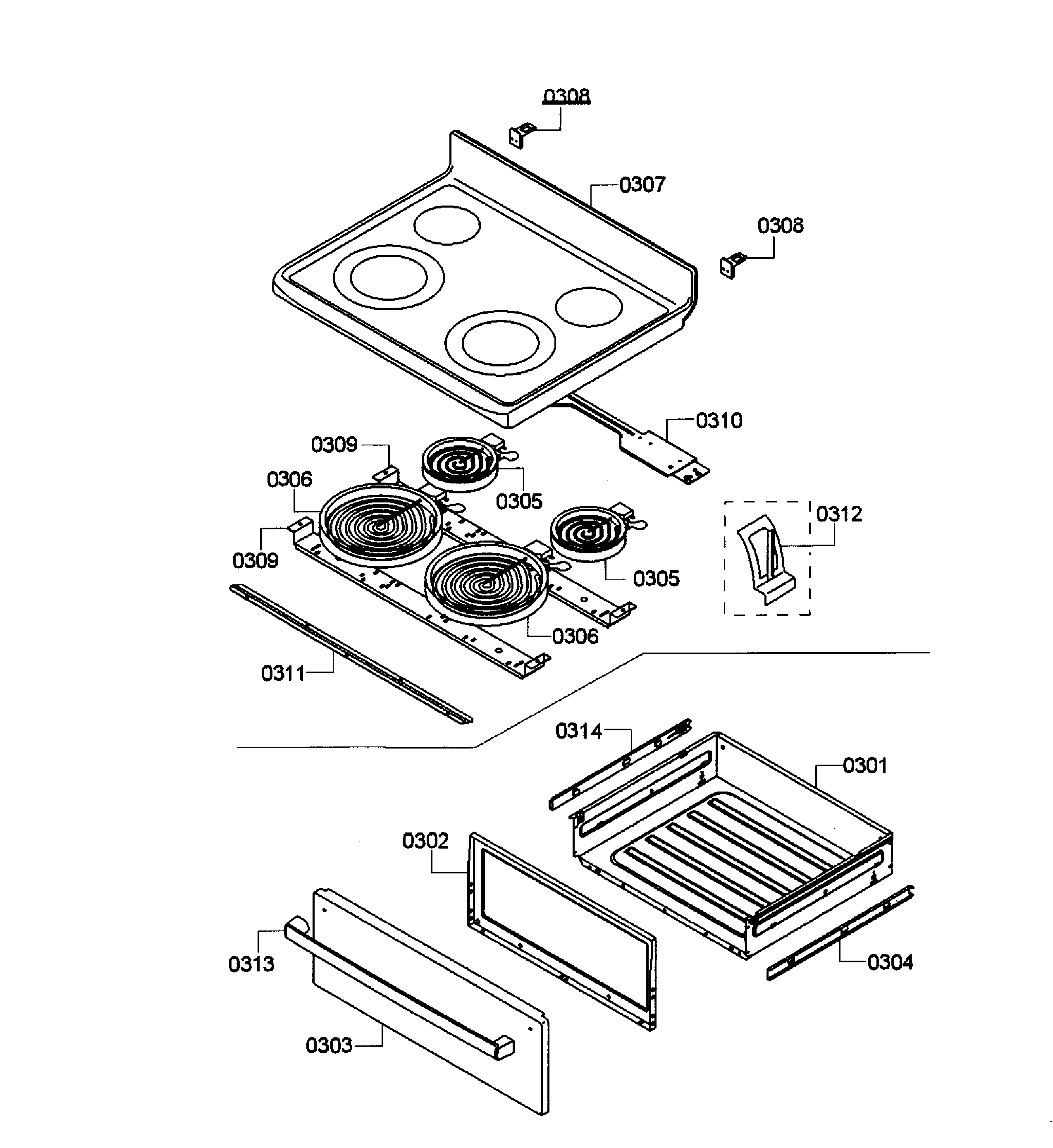 Bosch HES3053U/04 drawer/top assy diagram
