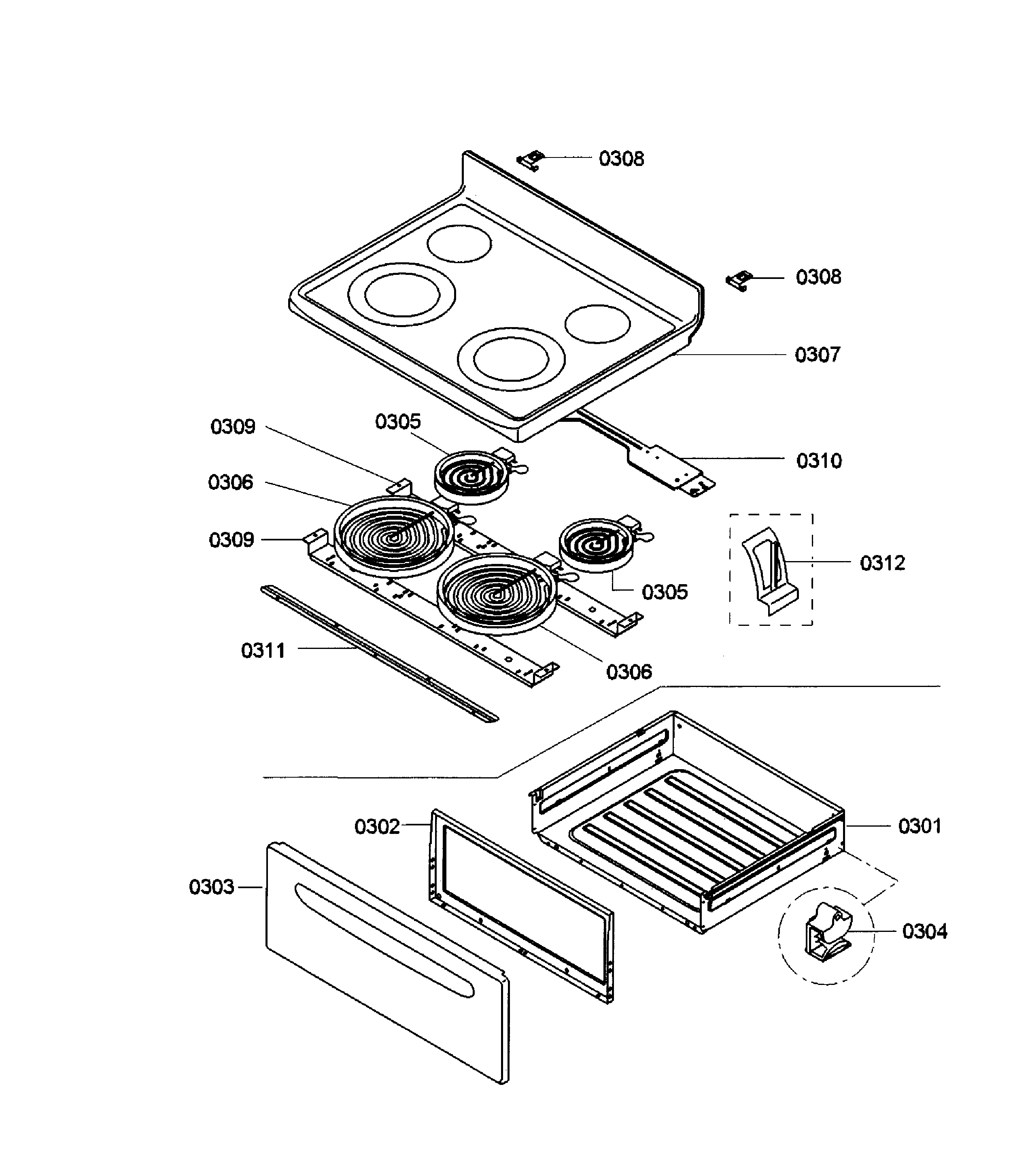 Bosch HES3023U/02 drawer/top assy diagram