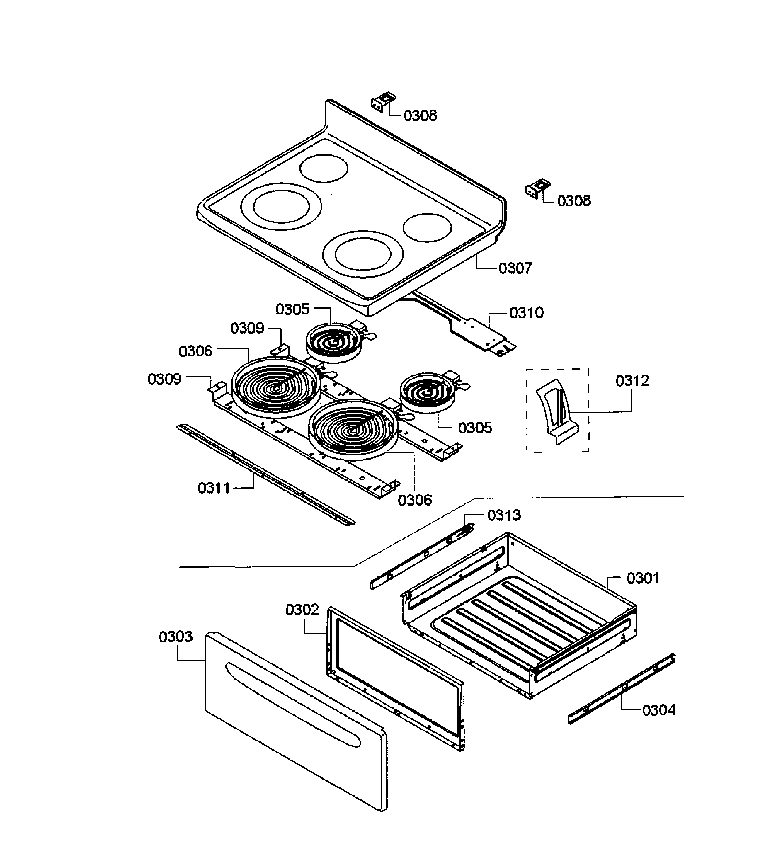 Bosch HES3023U/06 drawer/top assy diagram