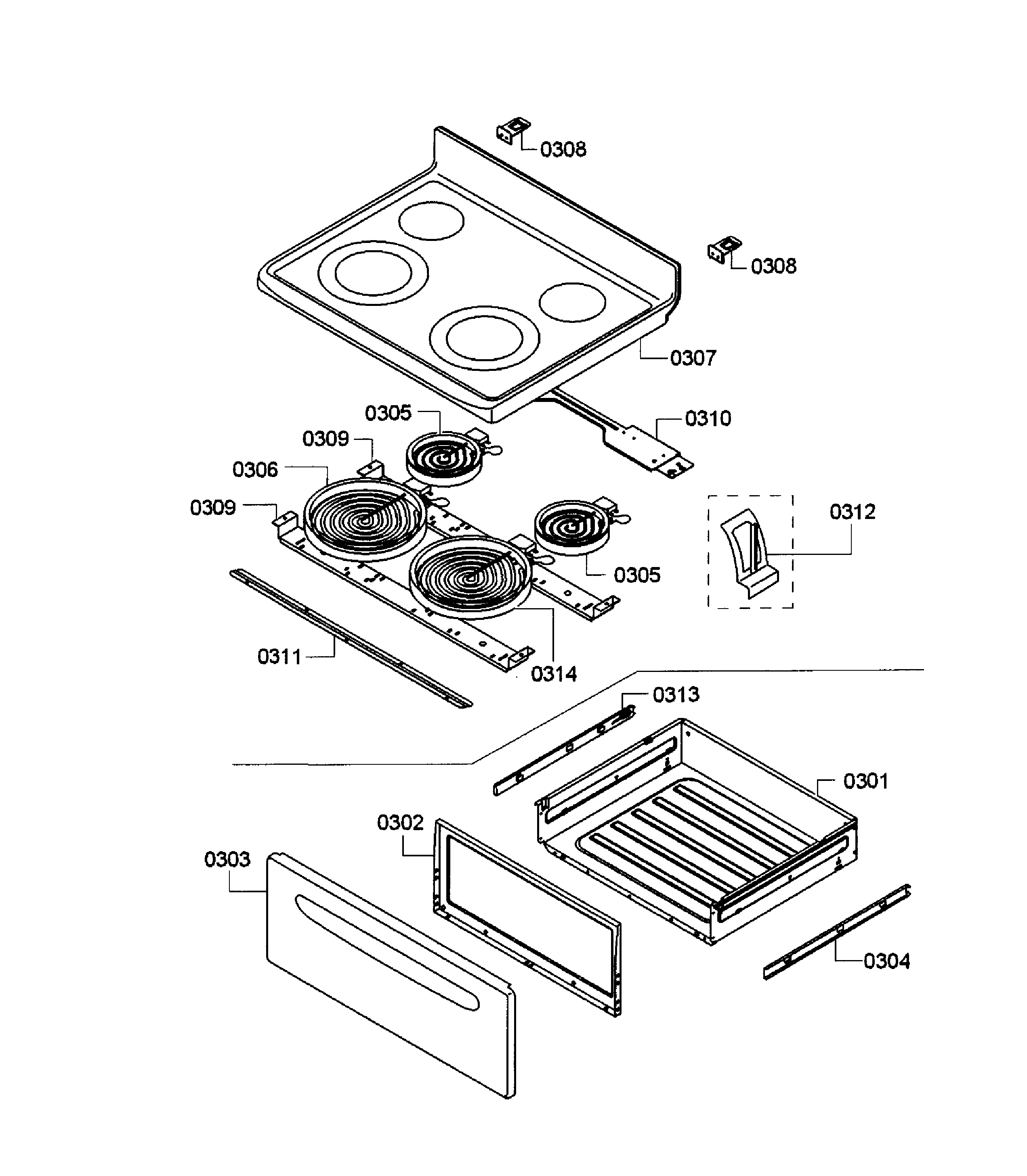 Bosch HES3023U/07 drawer/top assy diagram