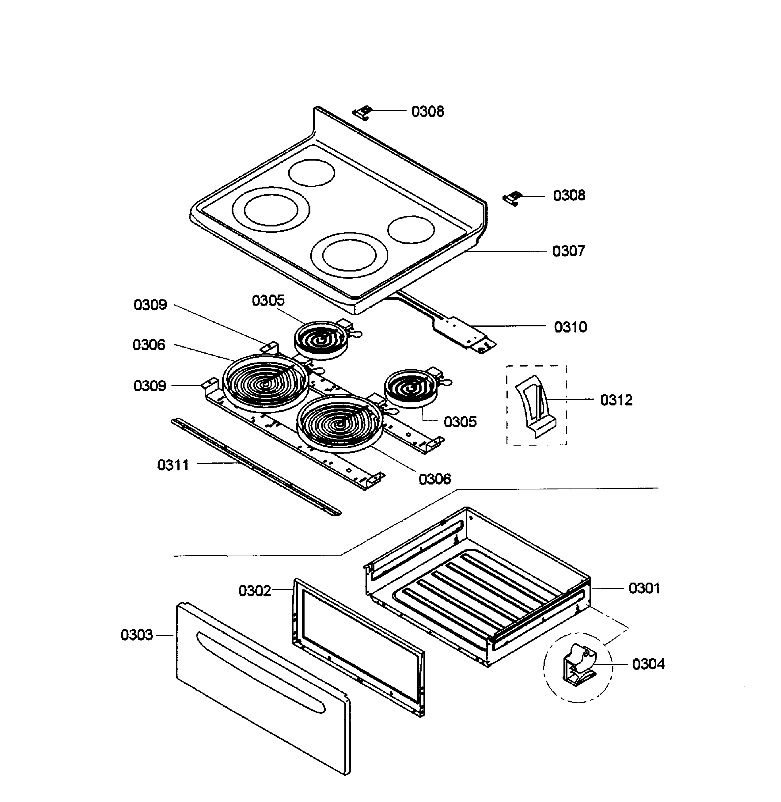 Bosch HES3063U/02 drawer/top assy diagram
