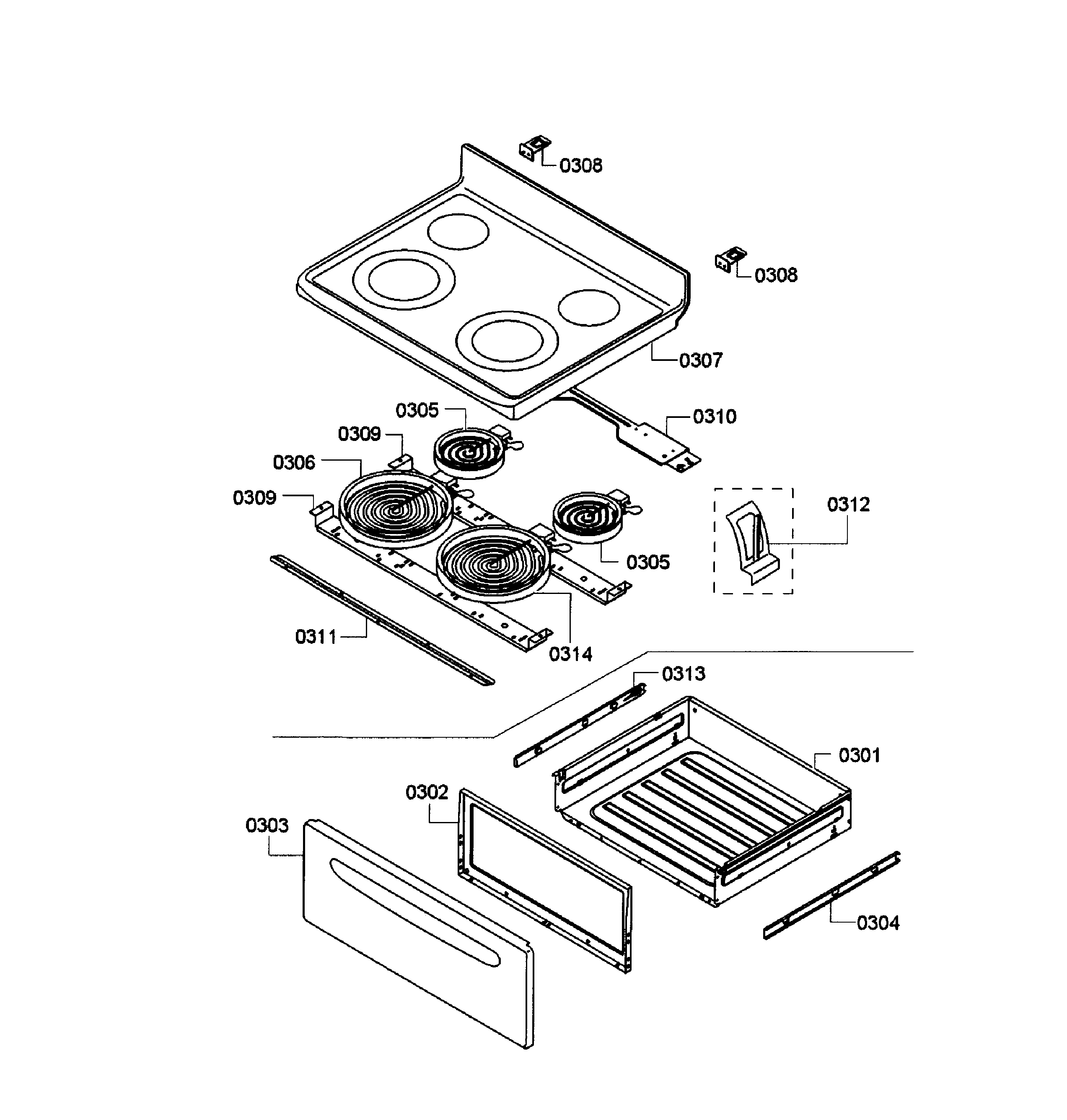 Bosch HES3063U/06 drawer/top assy diagram