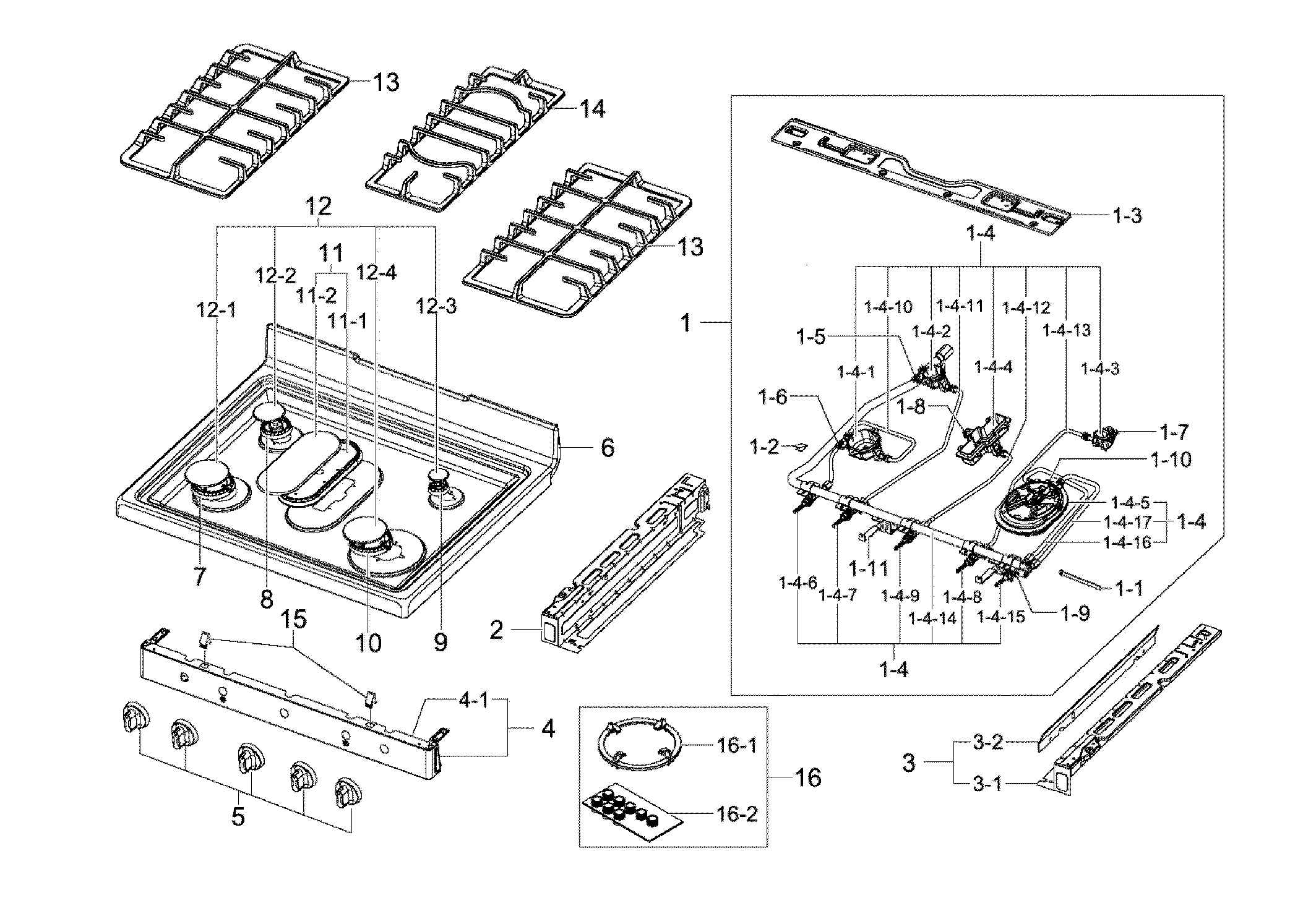 Samsung NX58F5700WS/AA-00 cook top assy diagram