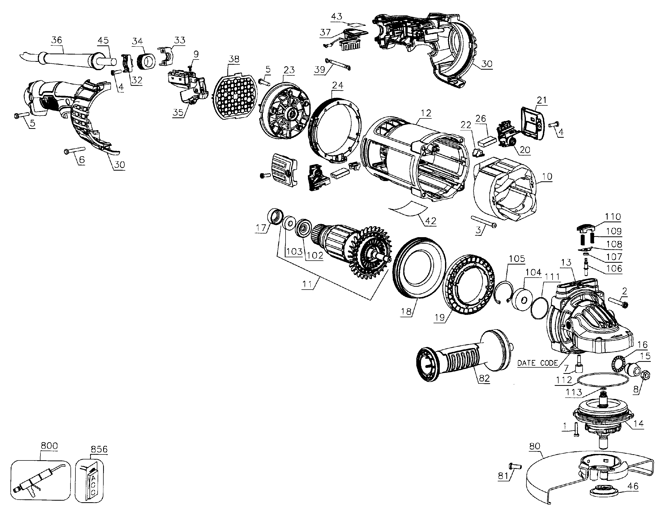 DeWalt DWE4599N TYPE 1 grinder assy diagram