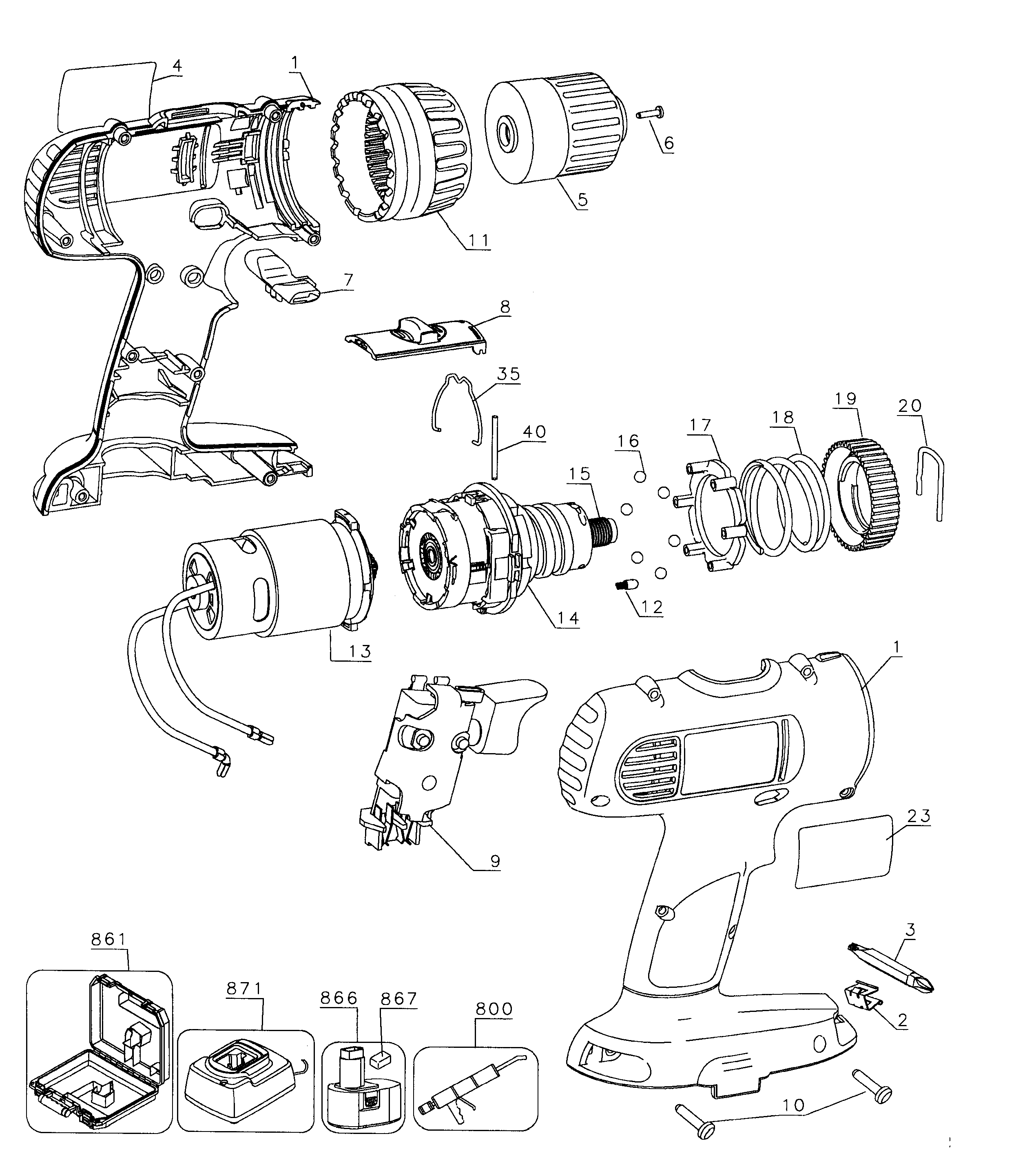 DeWalt DC970K-2 TYPE 1 drill assy diagram
