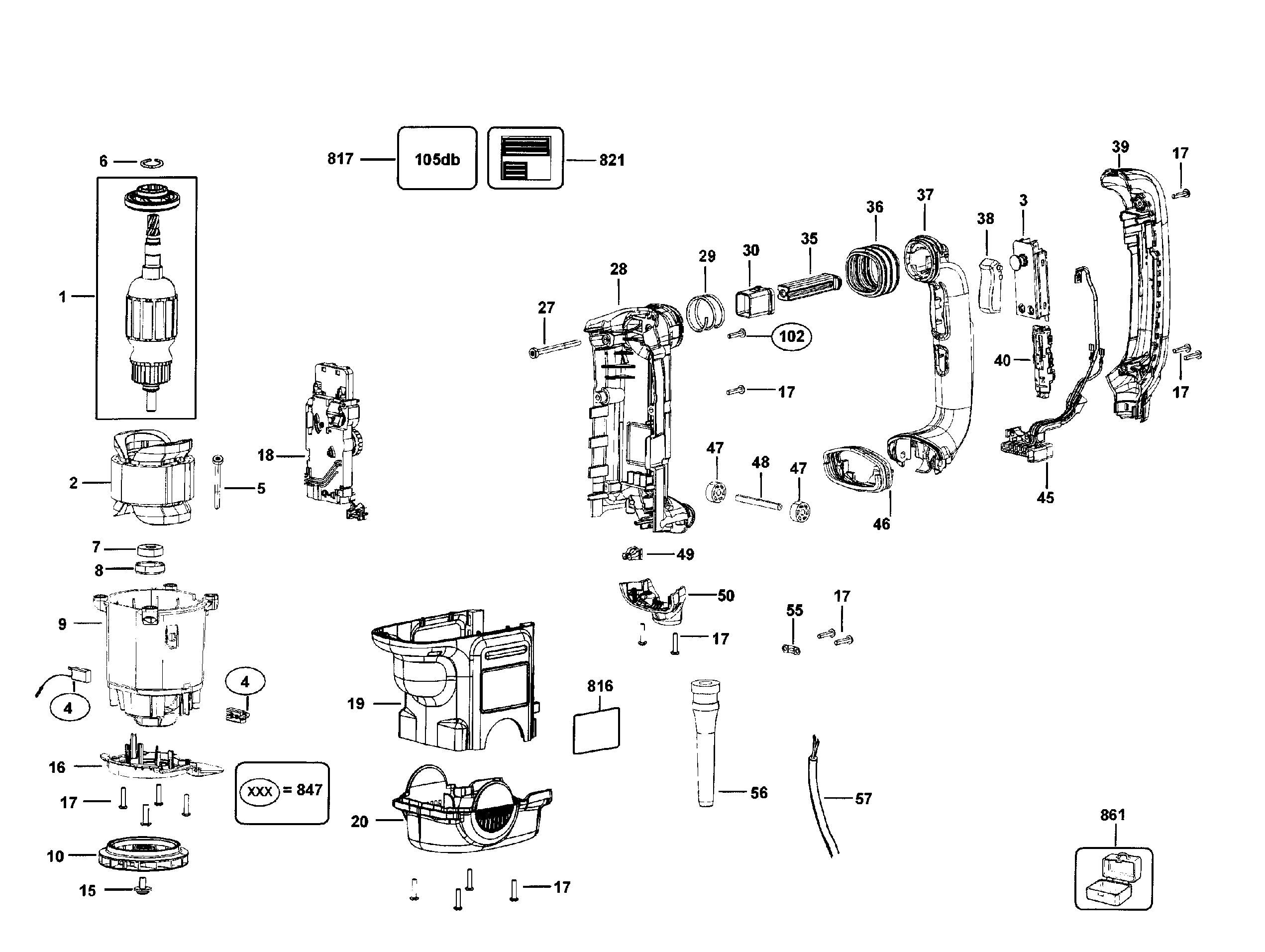 DeWalt D25721K TYPE 1 case assy diagram