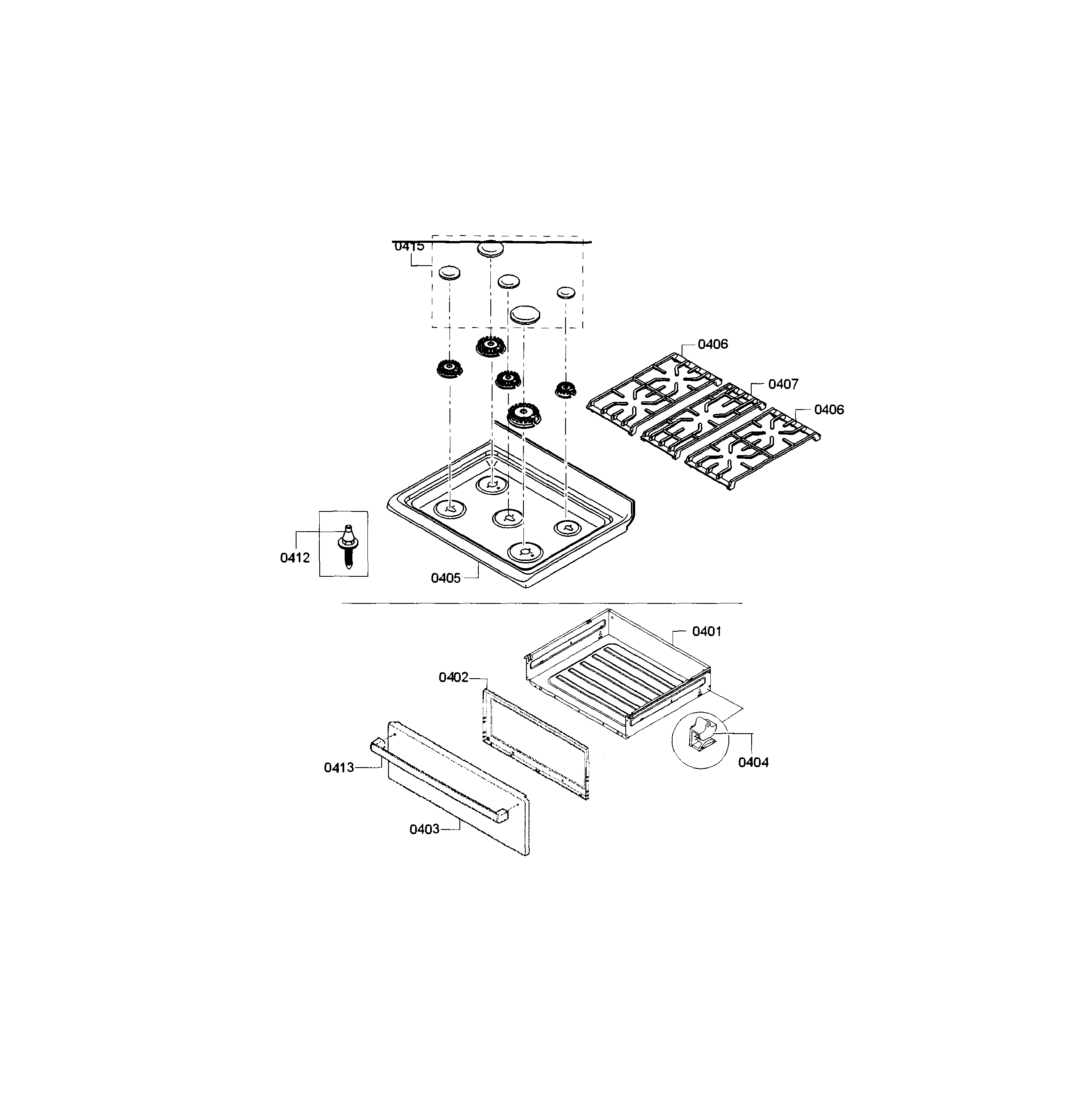 Bosch HGS3053UC/03 burner,grate & drawer assy diagram