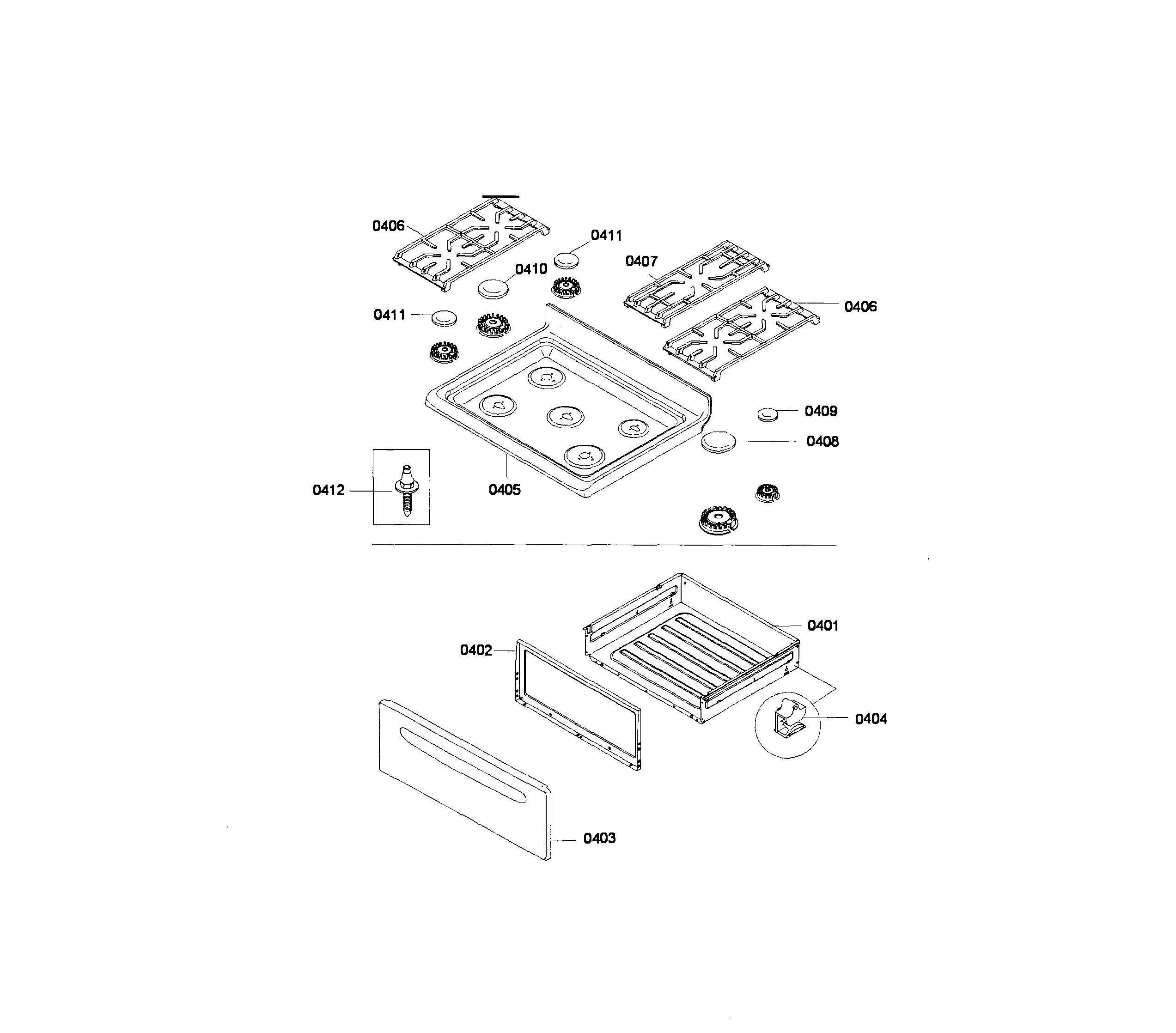 Bosch HGS3063UC/06 burner & drawer assy diagram